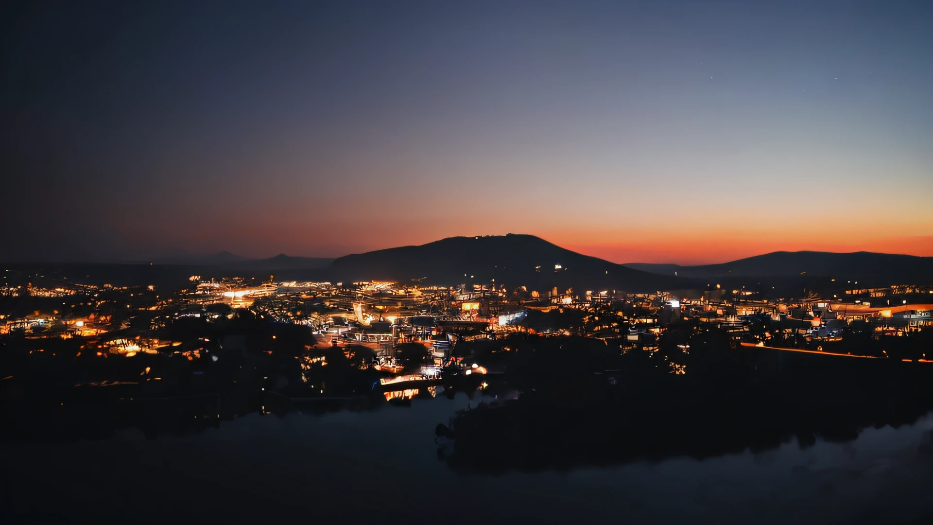 view of a futuristic city at night with a mountain in the background, futuristic city twilight landscape, scenic view at night, vista of a futuristic city at sunset, city sunset night, twilight ; wide shot, photography shot at blue hour, night view, twilight city on the background, night scenery, ethereal starlit city at sunset, night city in the background
