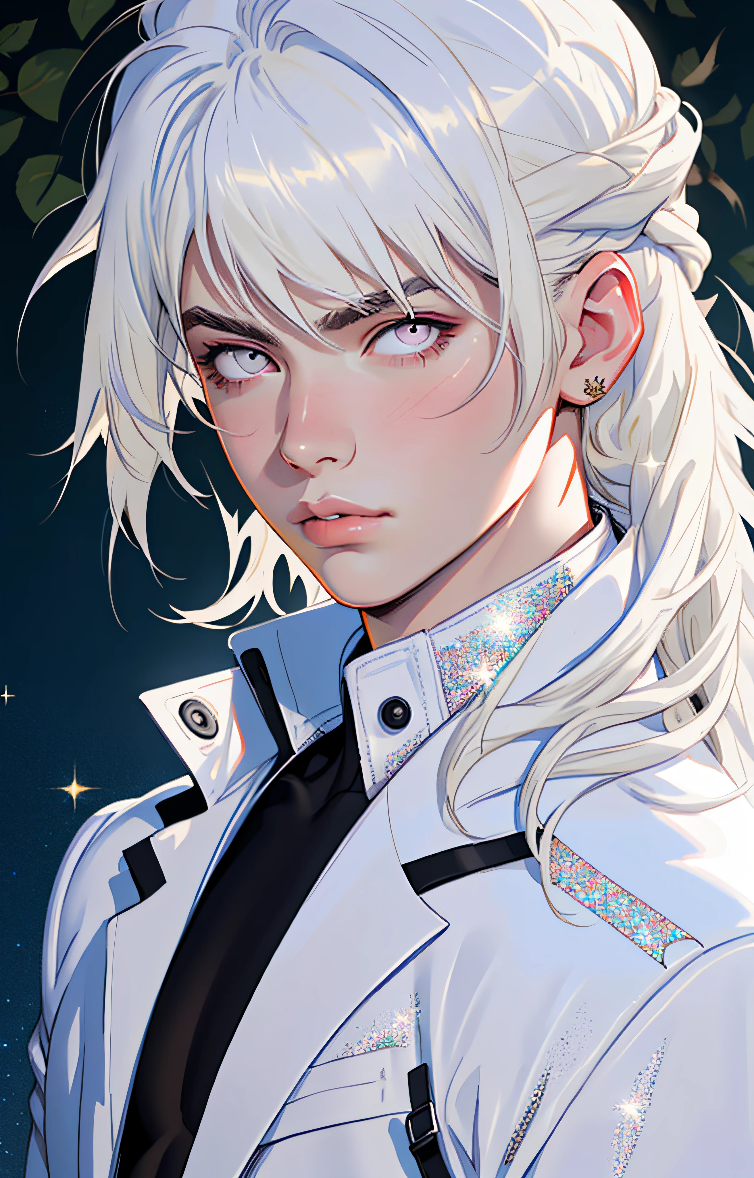 masterpiece, highest quality, (perfect face:1.1), (high detail:1.1), angel with long voluminous white hair, soft hair, neon white eyes, solo ,1guy, long hair, white luxury suit, Rose Garden detailed background, realistic, covered navel, pouty lips, curvy guy, perfectly drawn face, cinematic lighting, balenciaga, glitter