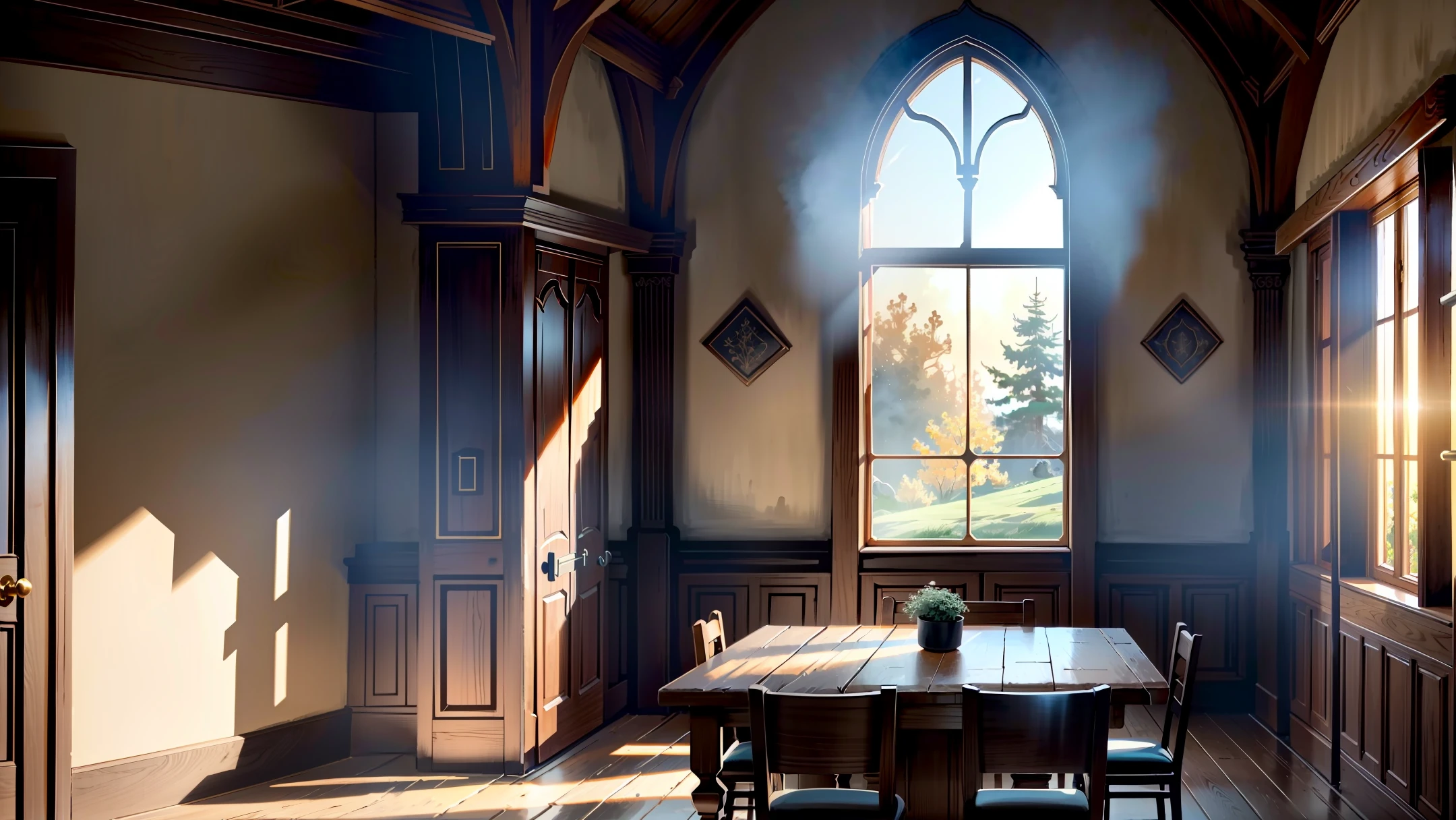 style-hamunaptra_sd2 zrpgstyle, medieval fantasy tavern interior, colorful tapestries on the walls Game of Thrones Hogwarts bright morning sunlight shining in from windows Clutter-Home,  high quality (detailed) (intricate) (8k) (HDR) (wallpaper) (cinematic lighting) (sharp focus)