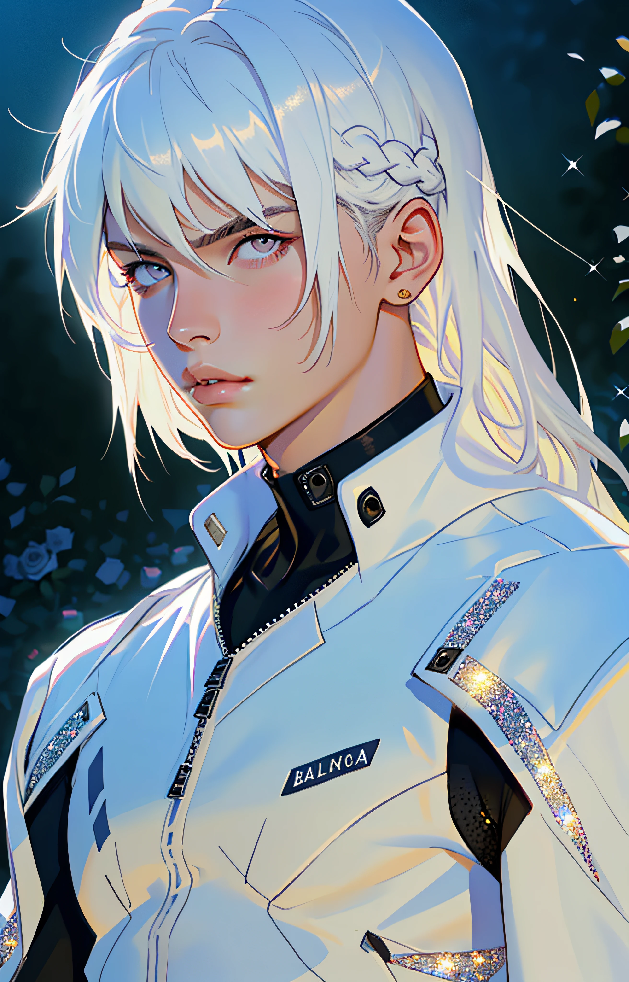 masterpiece, highest quality, (perfect face:1.1), (high detail:1.1), angel with long voluminous white hair, soft hair, neon white eyes, solo ,1guy, long hair, white luxury suit, Rose Garden detailed background, realistic, covered navel, pouty lips, curvy guy, perfectly drawn face, cinematic lighting, balenciaga, glitter
