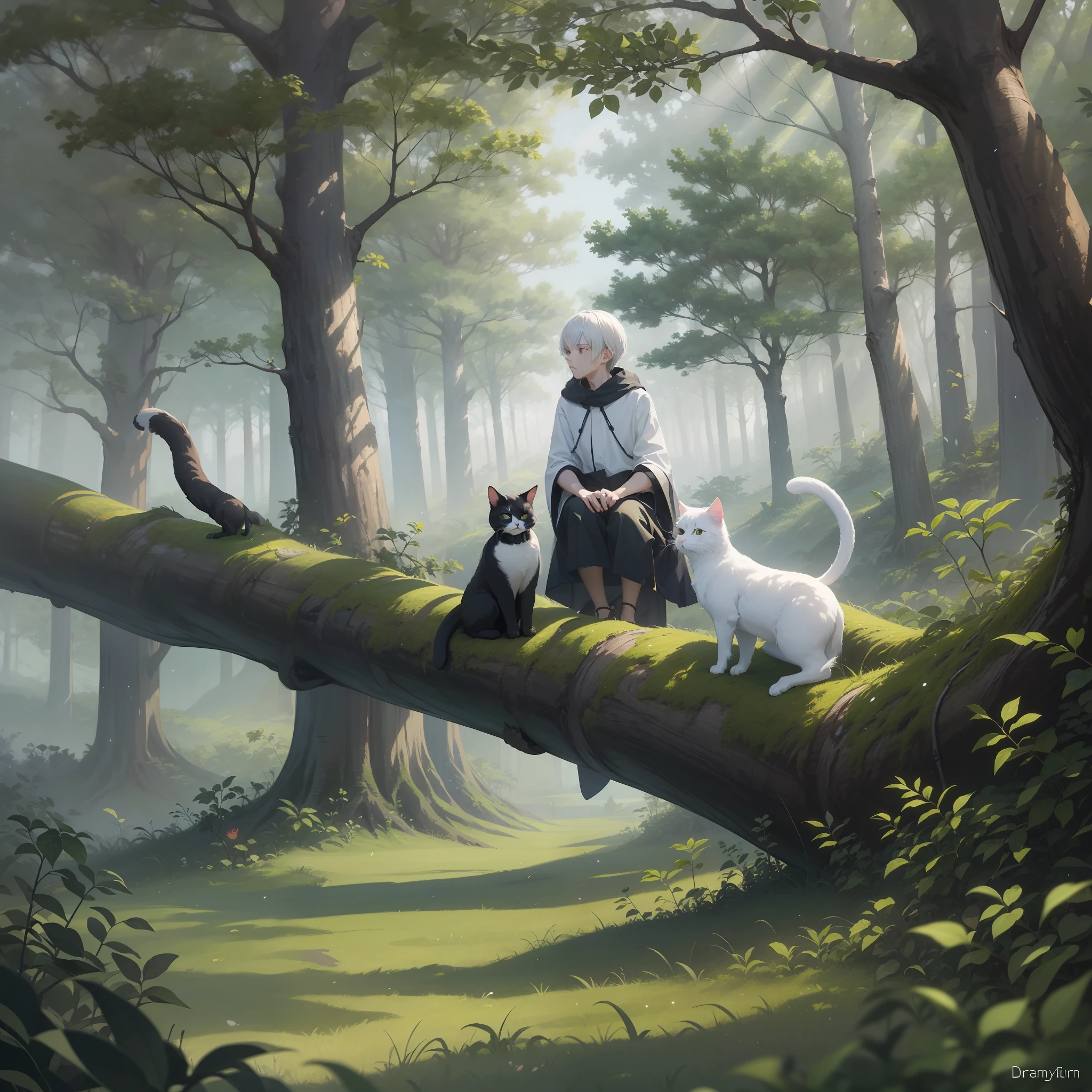 Tree-lined forest, dreamlike perspective, high-angle, A glowing white-haired boy and a cat standing on a branch,
Minimalism, Vast greenery, animation art style, palette
bright, oshare kei, dark white and amber, Loose brush
stroke, Dark green and light red, fairy air, precision
image, Traincore, Hallyu - AR4:3