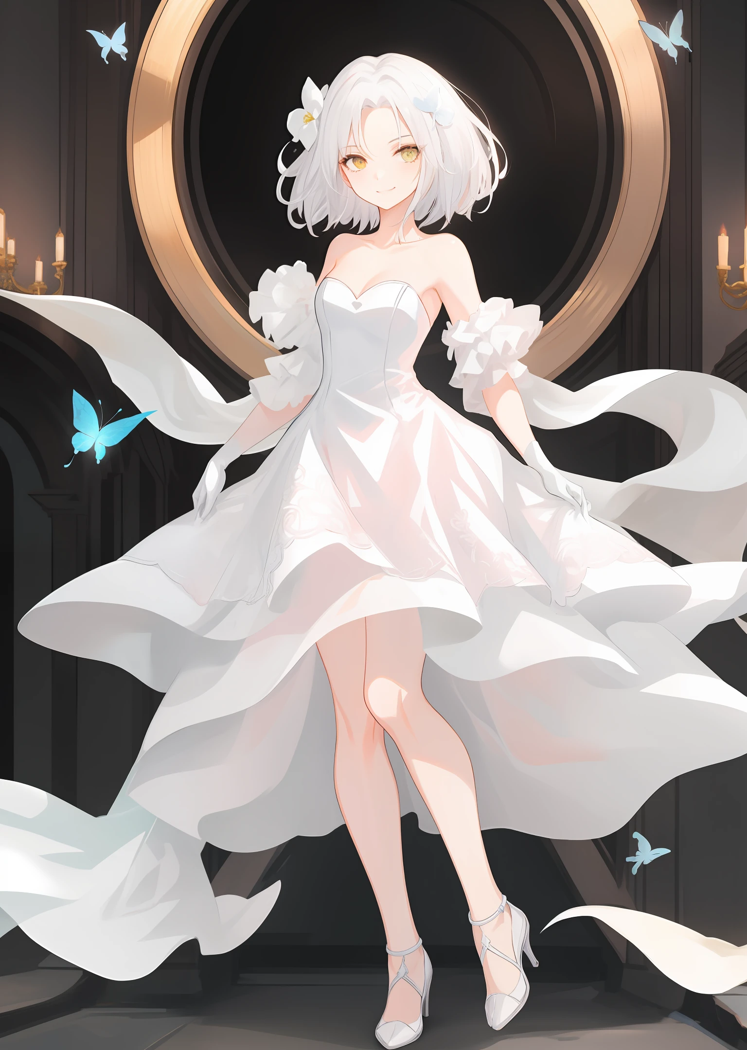 with short white hair,elaborate faces ,Evil smile,Wearing a white wedding dress,There is a butterfly on the chest,Naked foot,