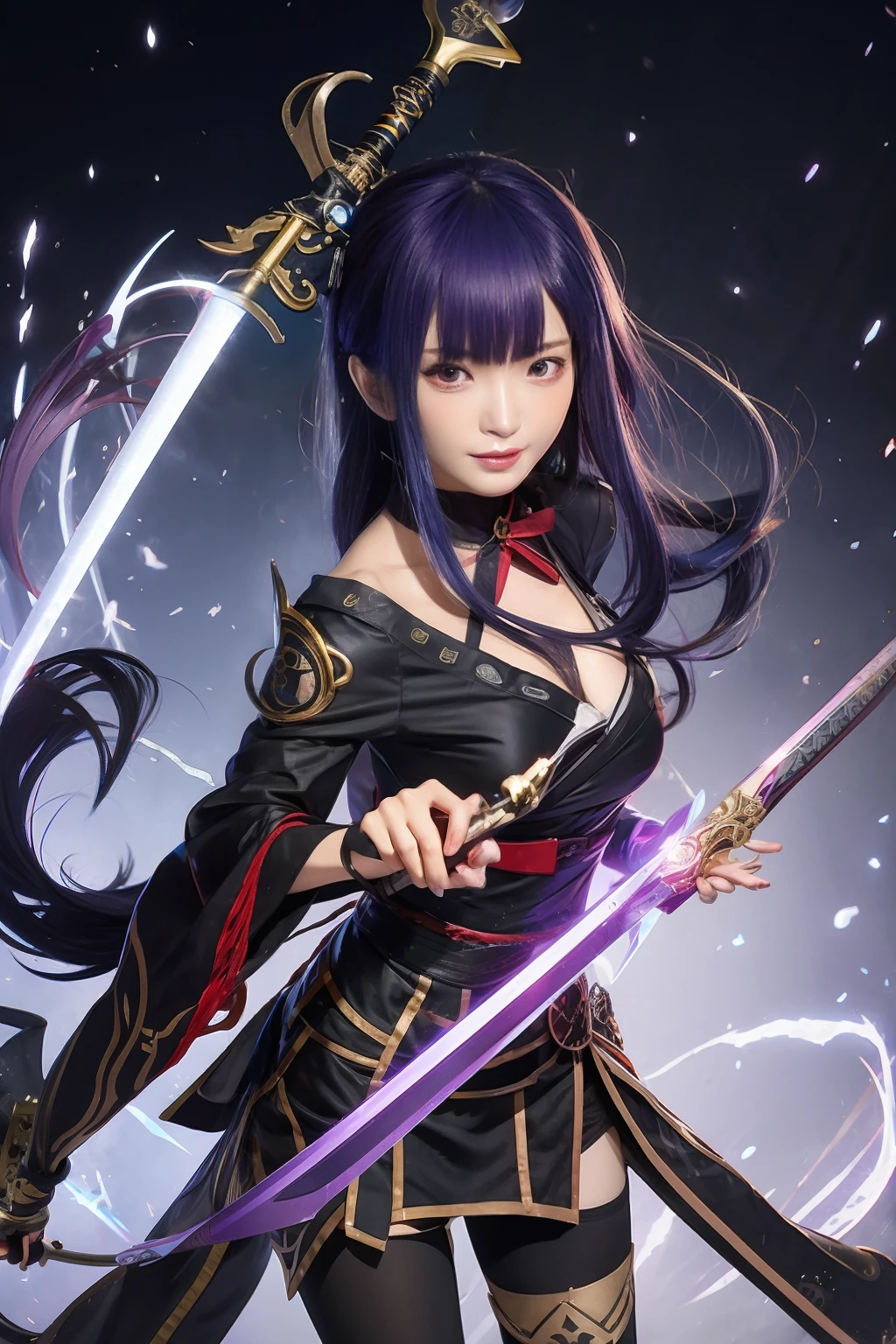 Detail description and refinement of lens effects:
A close-up of a fighting anime female character,Textured 4K poster,Drawn by Artgerm himself,With an animated style,She is armed with a katana,Wearing a gorgeous dress, she flashed the elemental impact of Ayaka Genshin,Strong black and white contrast in the background,There is also a unique comic book background。