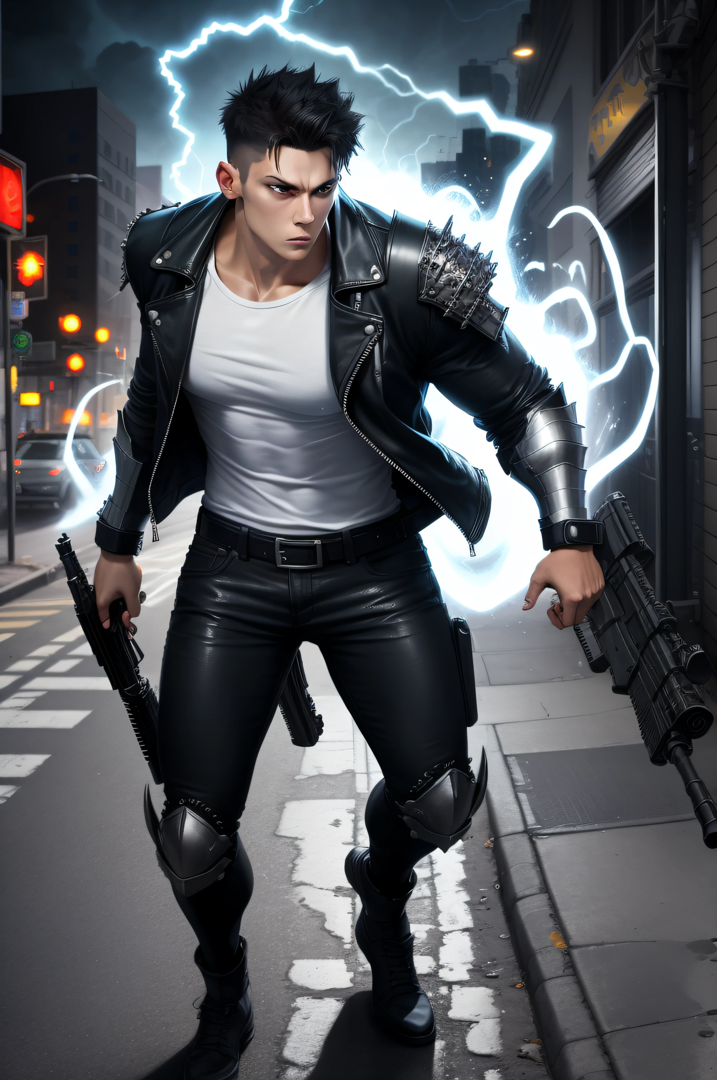 (masterpiece, best quality), 1 male, solo, adult, handsome, tall muscular guy, broad shoulders, finely detailed eyes and detailed face, extremely detailed CG unity 8k wallpaper, intricate details, intricate details, very short hair, undercut, grunge, serious expression, big arms, dark, old leather jacket, white t-shirt, medieval dark leg armor pants, neon motion stream, glowing lights, Grenade Launcher weapon, bright white energy streams of lights, rim lighting, sf, Apocalypse, from above