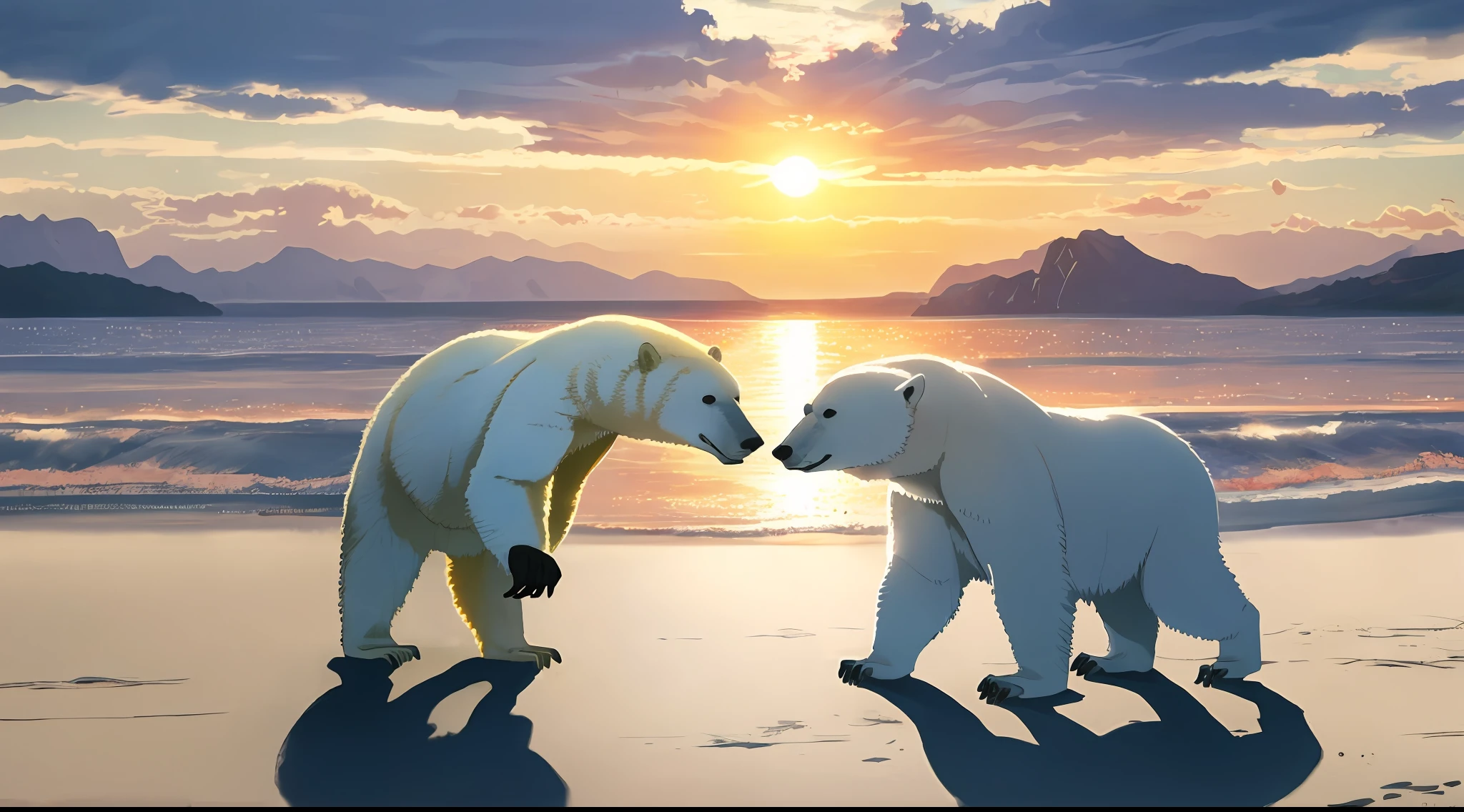 Foto realistic, sunset, 19:30 hour, hight resolution, (Meisterwerk:1.4), two polar bears playing with a beach ball, artic landschaft, super detailliert, , von oben gesehen, Weltraum, schwebend, , 28 mm, blende 5,6 --v 6