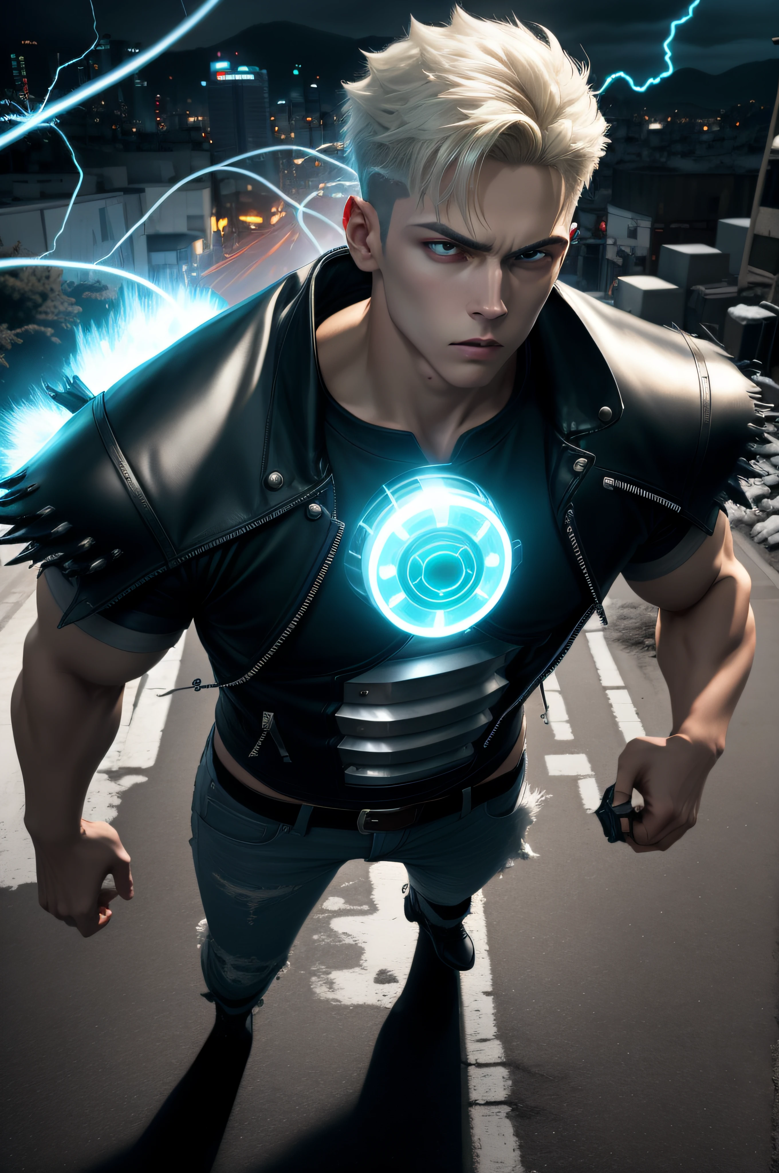 (masterpiece, best quality), 1 male, solo, adult, handsome, tall muscular guy, broad shoulders, finely detailed eyes and detailed face, extremely detailed CG unity 8k wallpaper, intricate details, intricate details, very short hair, undercut, grunge, serious expression, big arms, dark, old leather jacket, white t-shirt, medieval dark leg armor pants, neon motion stream, glowing lights, Grenade Launcher weapon, bright white energy streams of lights, rim lighting, sf, Apocalypse, from above