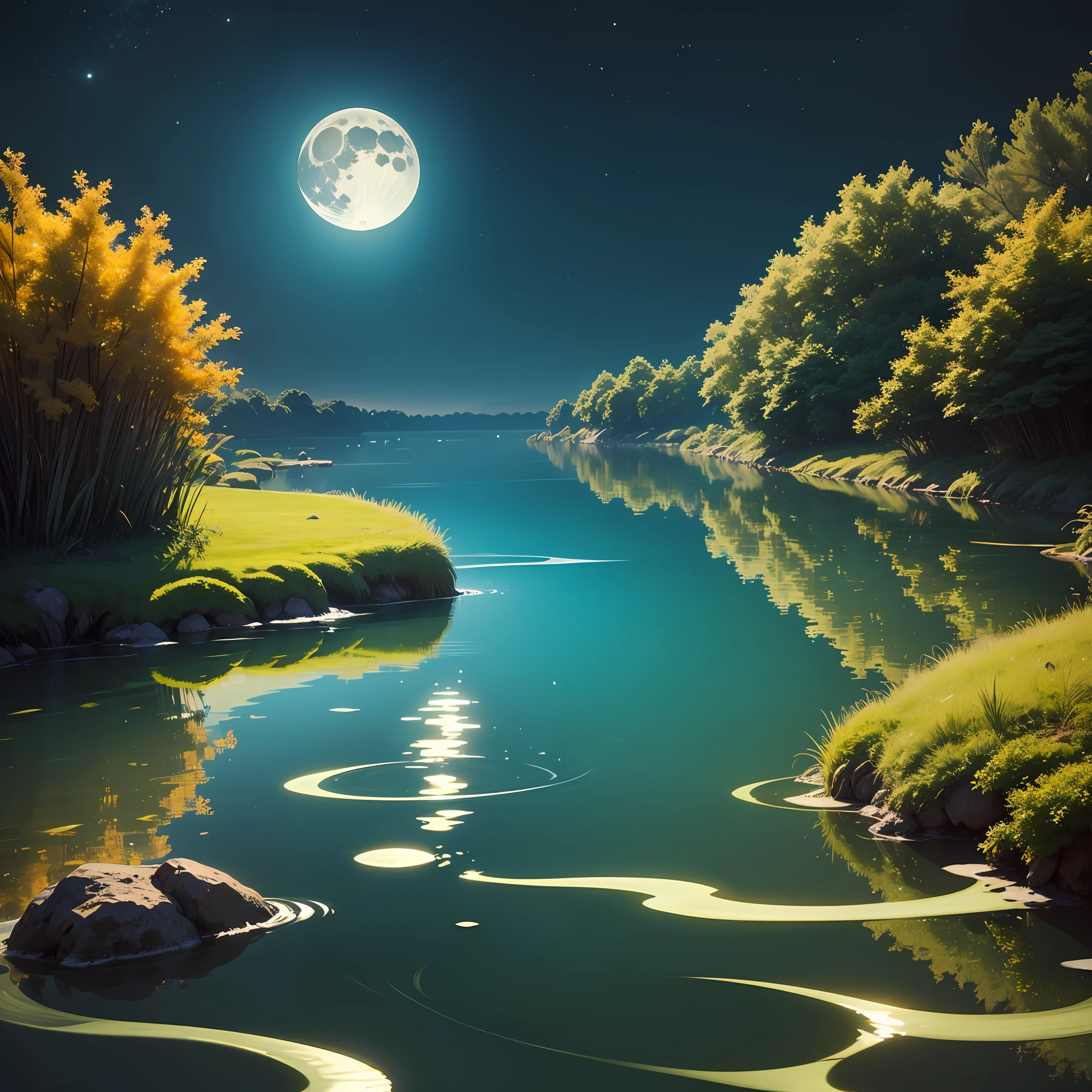 The moonlight floating on the surface of the water shimmered gold,The silent moon shadow on the surface of the water is like a jade bi sinking in the water --auto