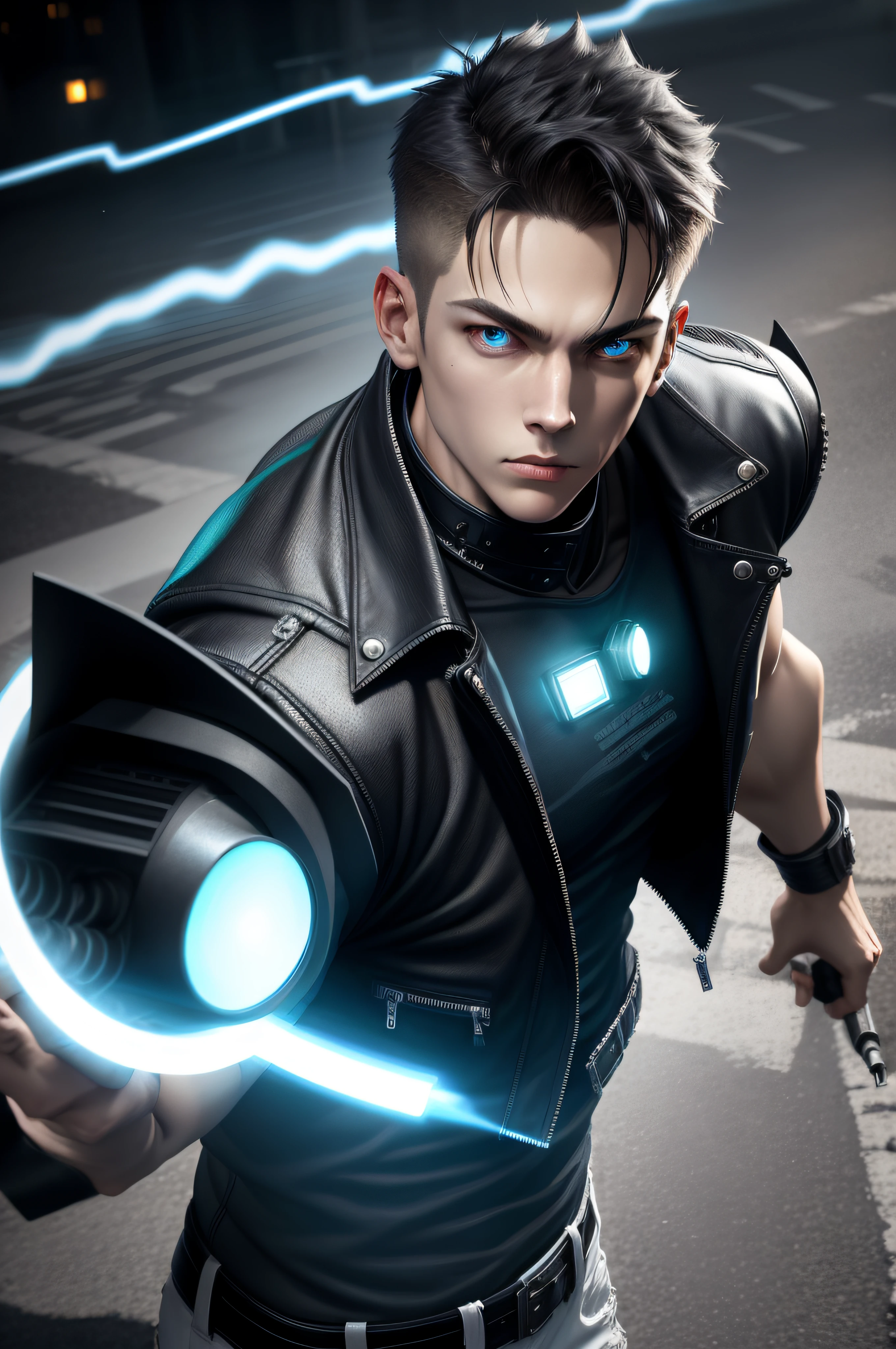 (masterpiece, best quality), 1 male, solo, adult, handsome, tall muscular guy, broad shoulders, finely detailed eyes and detailed face, extremely detailed CG unity 8k wallpaper, intricate details, intricate details, very short hair, undercut, grunge, serious expression, big arms, dark, old leather jacket, white t-shirt, medieval dark leg armor pants, neon motion stream, glowing lights, Grenade Launcher weapon, bright white energy streams of lights, rim lighting, sf, Apocalypse, from above