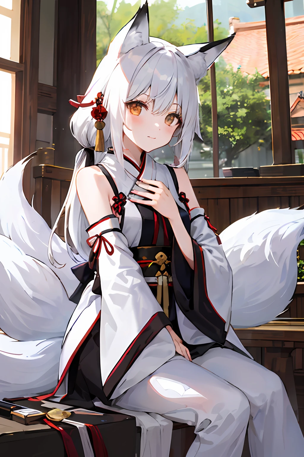 White hair，White fox tail，White fox ears，7  girl，Very long, long hair，White stockings，By bangs，M-shaped hair，style of anime，short- sleeved，short  skirt，flatchest，Very very cute girl，Nine tails
