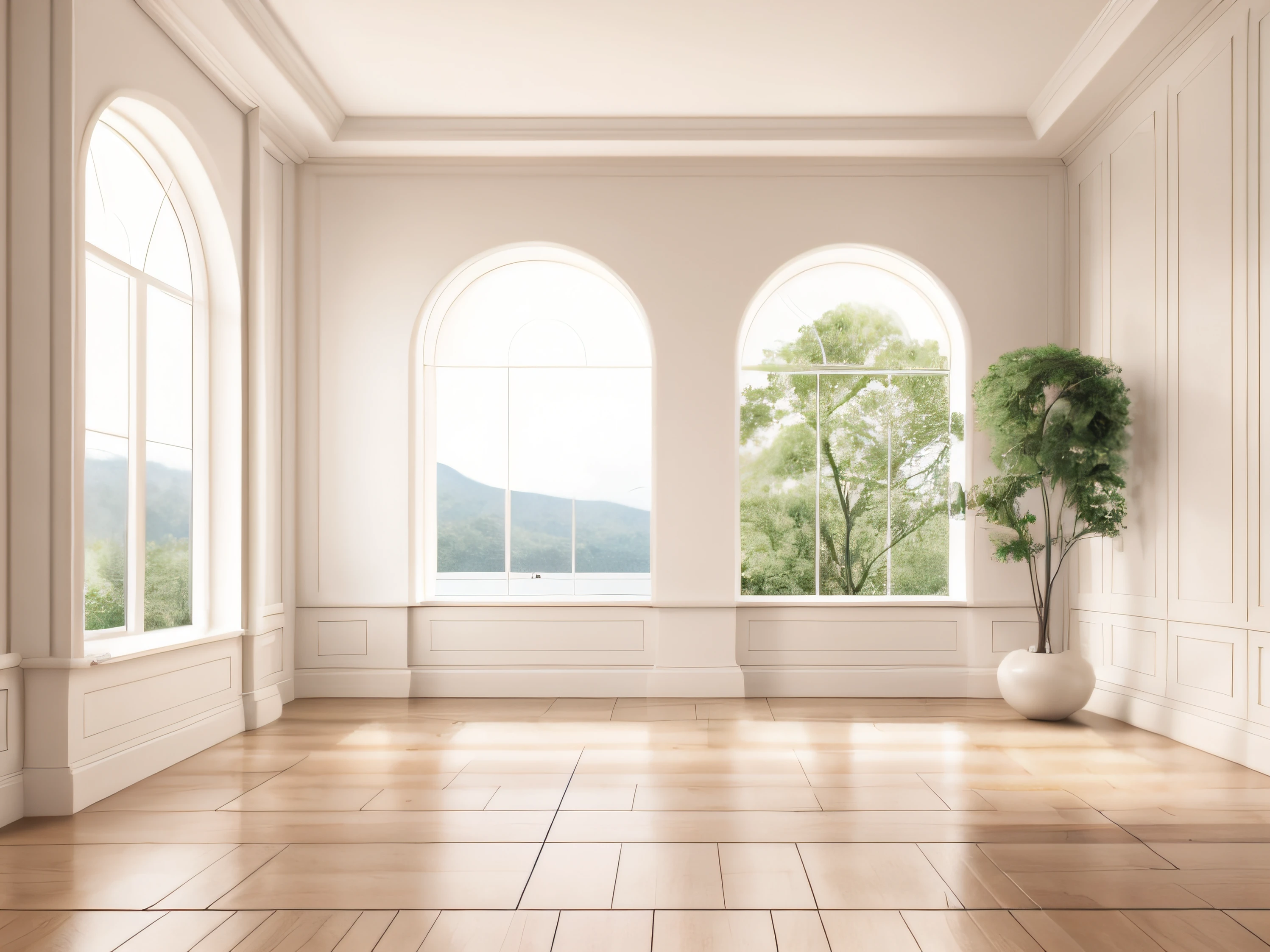 Has large windows and potted rooms, Large windows, 80s interior with arched windows, Large window, Natural window lighting, Many large windows, Wide open windows, natural light in room, 70s interior with arched windows, large glass windows, floor-to-ceiling windows, floor-to-ceiling windows, Detailed natural light、Very bright indoor lighting