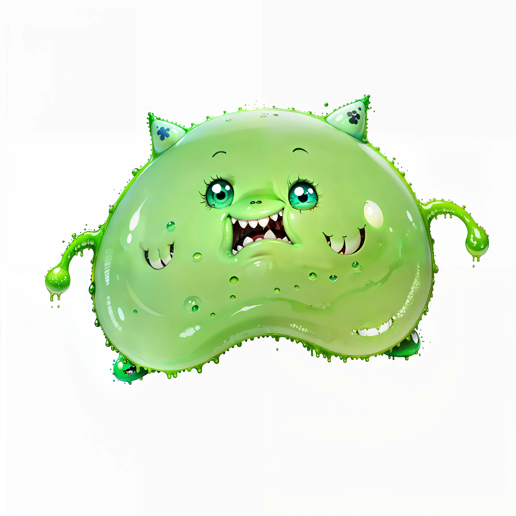 a green monster with a big smile on its face, fluffy green belly, slime monster, toxic slime, green slime, gelatinous with a smile, slimes, gelatinous green goop, blob anime, gelatinous, green slime everywhere, adorable glowing creature, blob, toxic cat, fangs and slime, slime, drooling goo, cute monster
