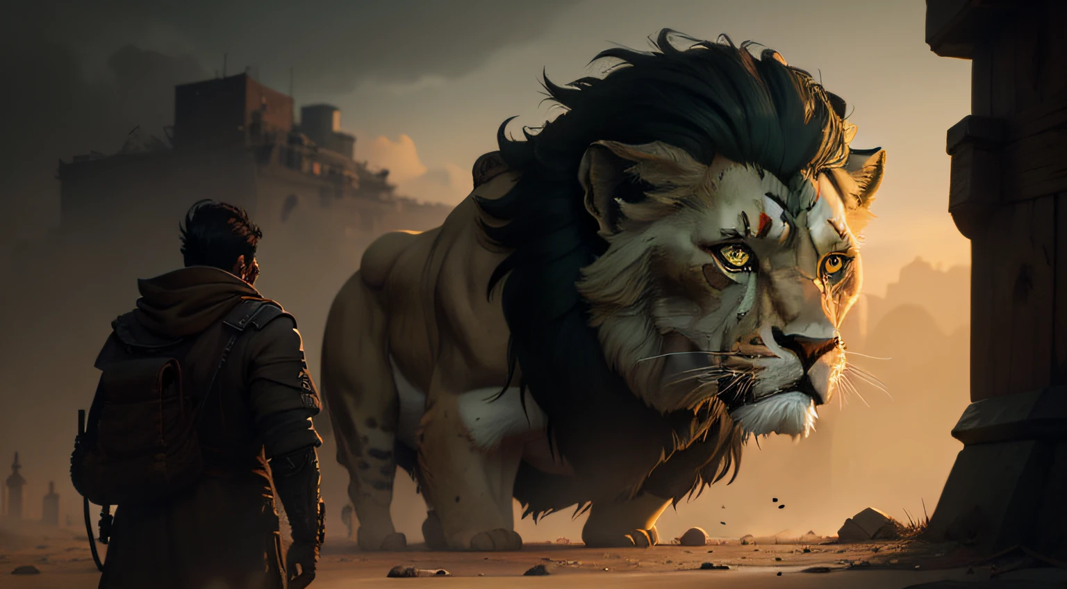 A sad man in a post-apocalyptic setting along with a lion, enfrentando umas sombras malignas.