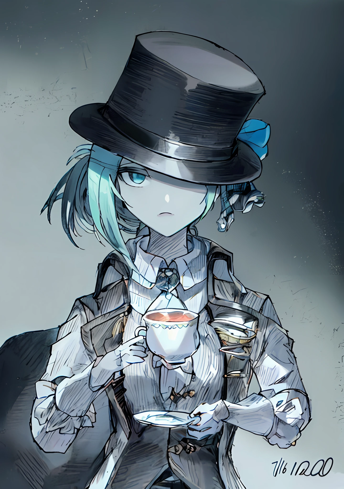 Woman in top hat and top hat，anime shading), Female protagonist 👀 :8, anime shading, an anime drawing, anime sketch, character with a hat, Anime Paintings，Back to the future：The protagonist in 1999, Virtin，Holding a teacup in one hand，The other hand holds the plate，90s of the last century, 1999，Scarf，ellegance，World-weary eyes，Flesh-colored skin