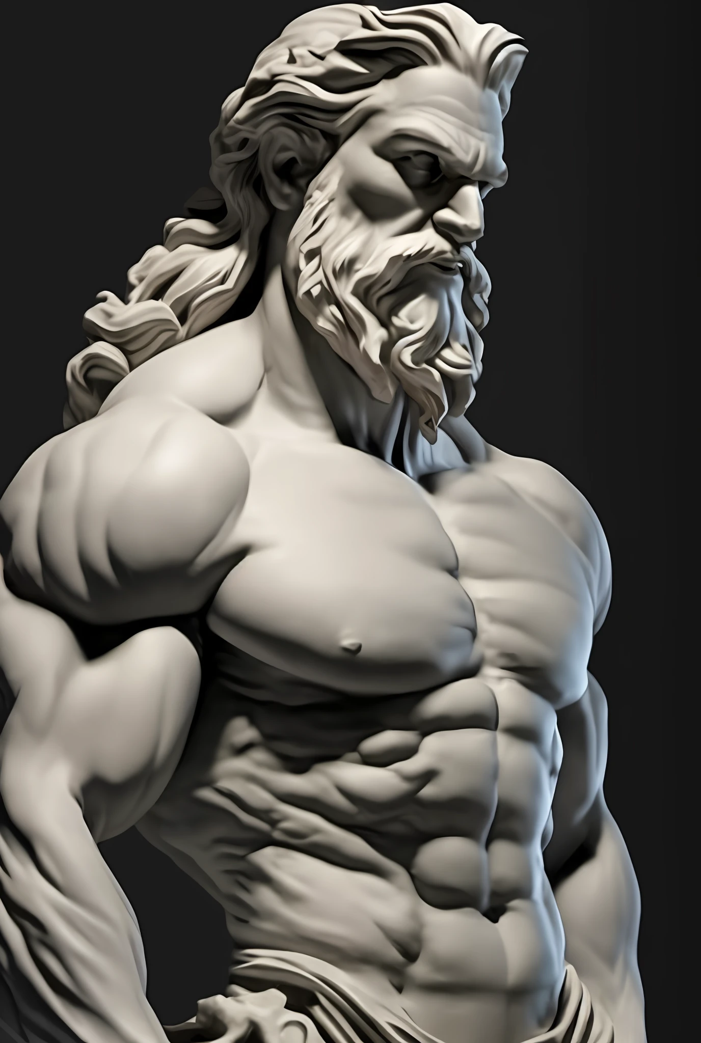 a statue of a man with a beard and beard, muscular character, Furioso Deus Zeus, caracteres musculares, Arnold e Zbrush, @ zbrush, chiseled muscles, esculpido em zbrush, escultura digital, Arte Zbrush, forte e imponente, large muscles, Retrato de Zeus acidentado, O Deus Zeus, zbrush 3 d render, Escultura 3D