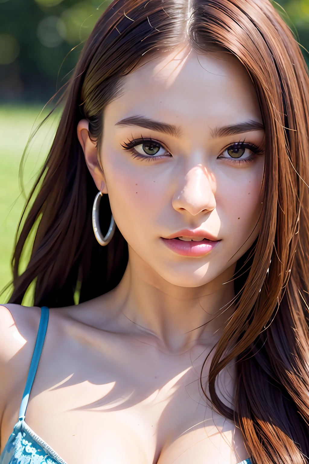 best quality, ultra high res, (photorealistic:1.4), masterpiece, 1girl, brown skin color, brown_eyes, from_behind, fur_trim, hair_over_one_eye, lips, long_hair, make up, looking_at_viewer, looking_back, nose, photo_\(medium\), photorealistic, realistic, solo, teeth, upper_body