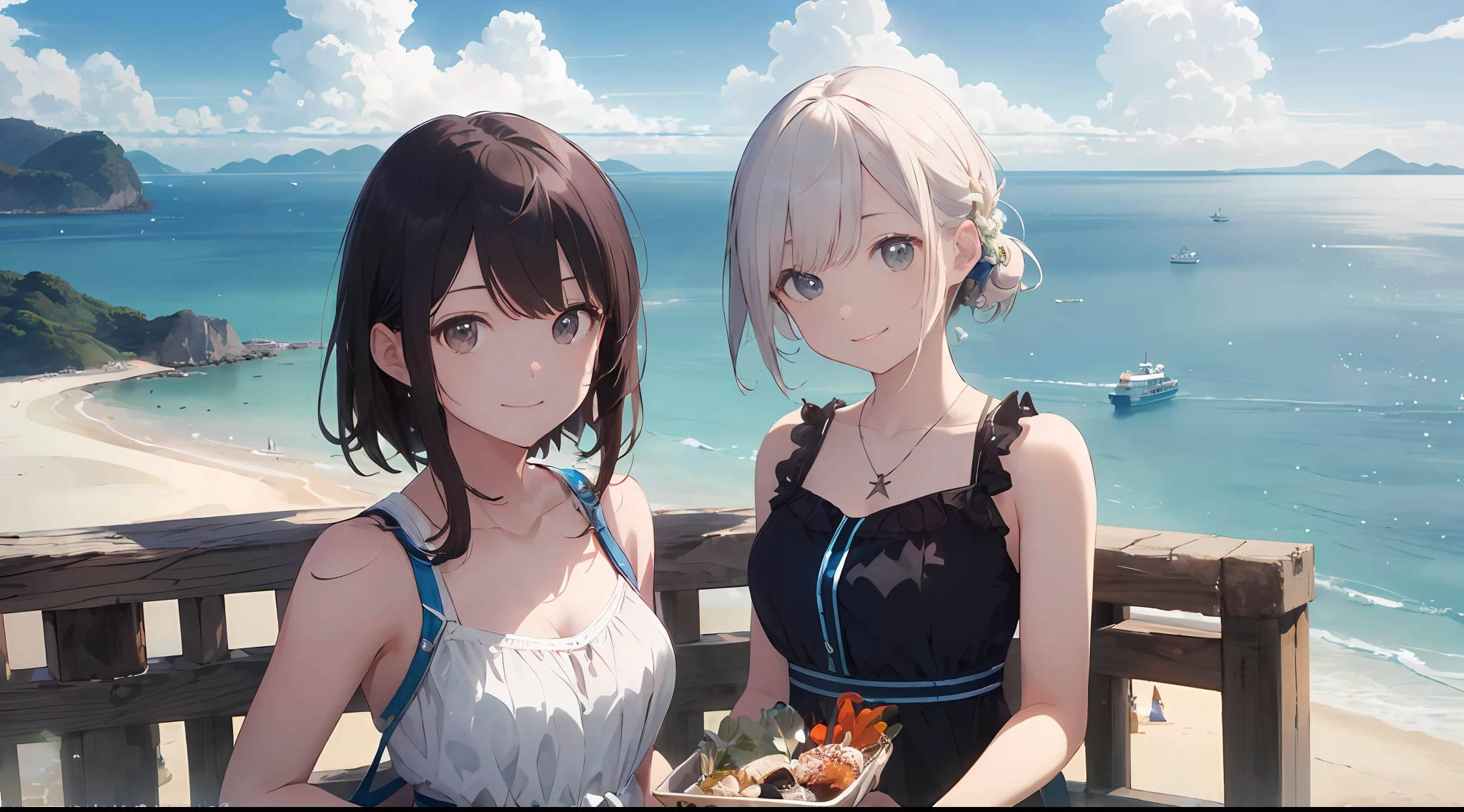 (top-quality:1.5)、(ultra-detailliert:1.5)、(Highest Quality Photos:1.5)、Beautiful Girl High School Girl、a very cute、Crystal clear white skin、Beautiful sea、The ocean as far as the eye can see、Summer sky、Into the cloud、Beach、1 persons、Staring at the horizon、Radiant smile、Islands in the Seto Inland Sea、Nostalgia hobby、nostalgia、