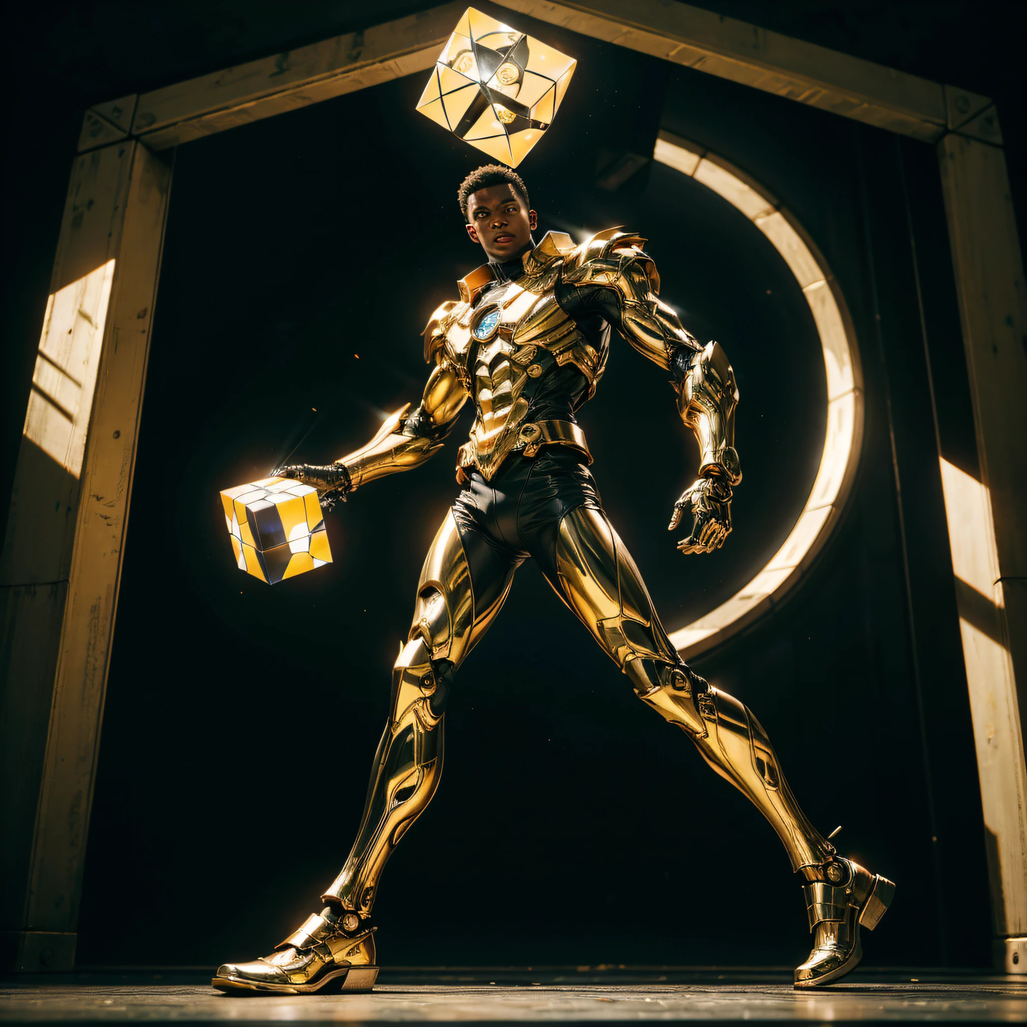 a man coming out of a Stargate like the one in Stargate SG1, Black man. dark skin, detailed skin, holding a mechanical cube with circles on the sides. the cube has some glowing lines. the cube is metallic, radiating energy. the man is commanding the cube, the man is a scientist, dynamic, Hyper realistic, Photography, Picture of the week, RAW, beautiful, (finely detailed skin), African skin, (masterpiece) (perfect proportion)(realistic photo)(best quality) (detailed) photographed on a Canon EOS R5, 50mm lens, F/2.8, HDR, (8k) (wallpaper) (cinematic lighting) (dramatic lighting) (sharp focus) (intricate) full body, nice shoes