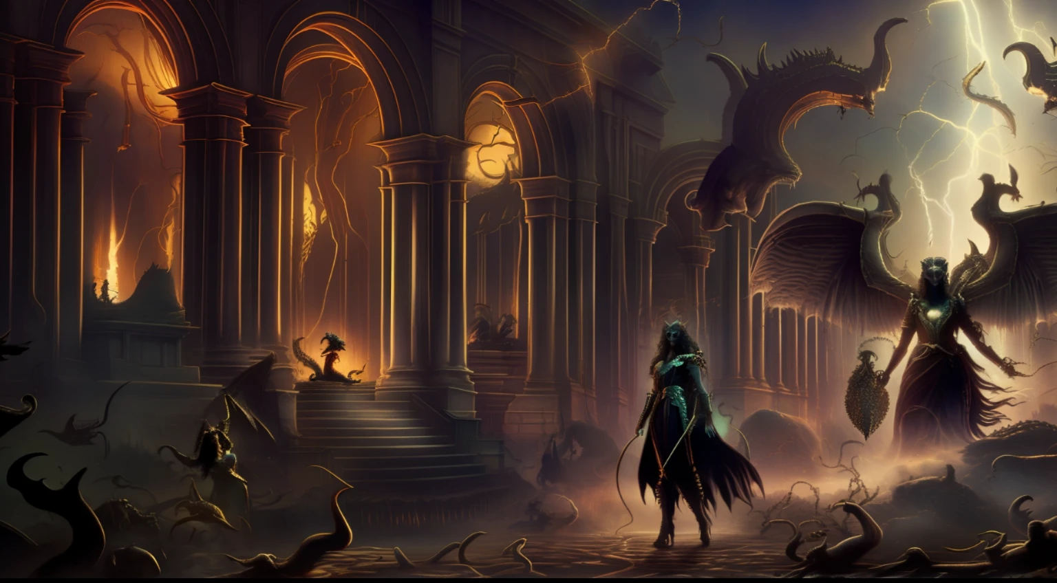 Lilith WITH VARIOUS DEMONS IN THE BACKGROUND, INSIDE THE GARDENS OF EDEN, fire, lightning, blood, whole body, in the style of Diablo 4,