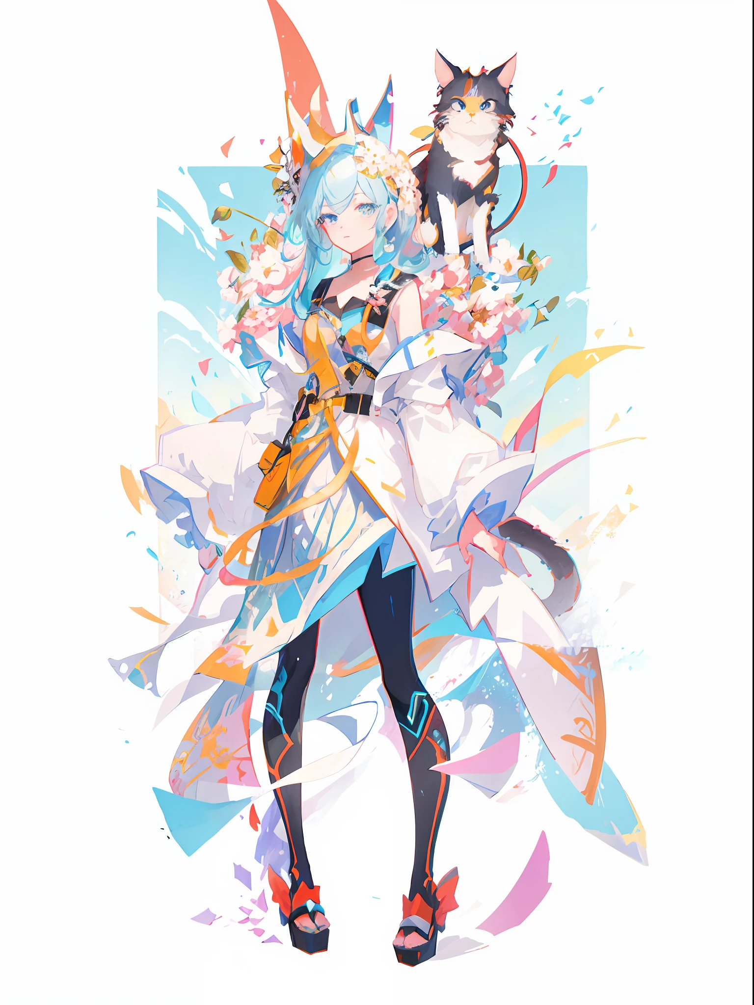 Anime - a stylistic image wearing a cat-headed dress, Digital art on Pixiv, Pixiv style, rossdraws pastel vibrant, !!Full body portrait!!, Soft anime illustration, trending on artstation pixiv, rossdraws cartoon vibrant, anime robotic mixed with organic, Digital anime art!!, anime abstract art, anime full body illustration,blossoms
