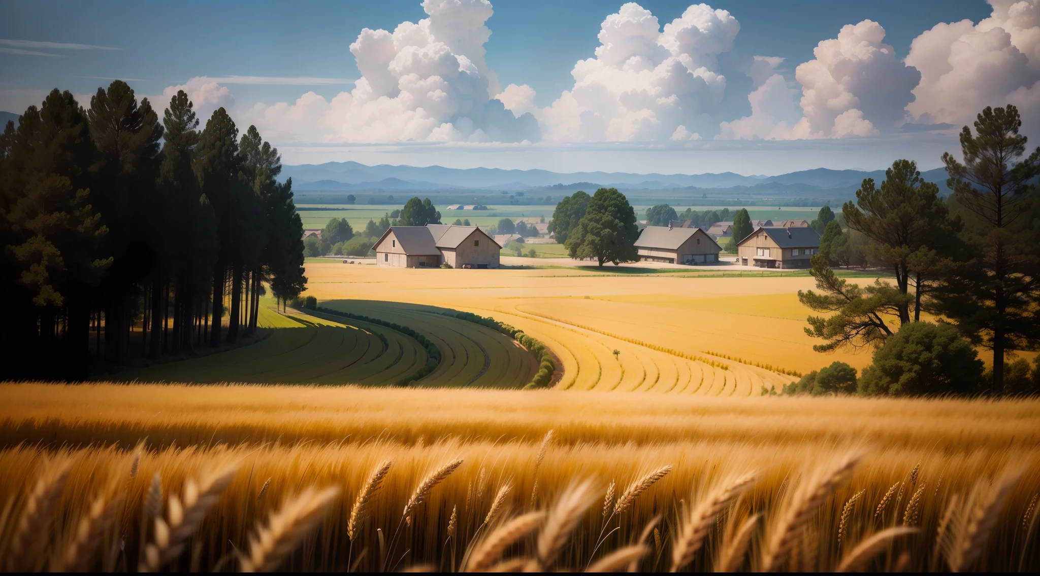 (Photographic photo)Golden wheat field,There are multiple working peasants,Sport tractor。Gloomy weather,The clouds are dense。In the distance, you can see houses and pines in the rural style of northern China