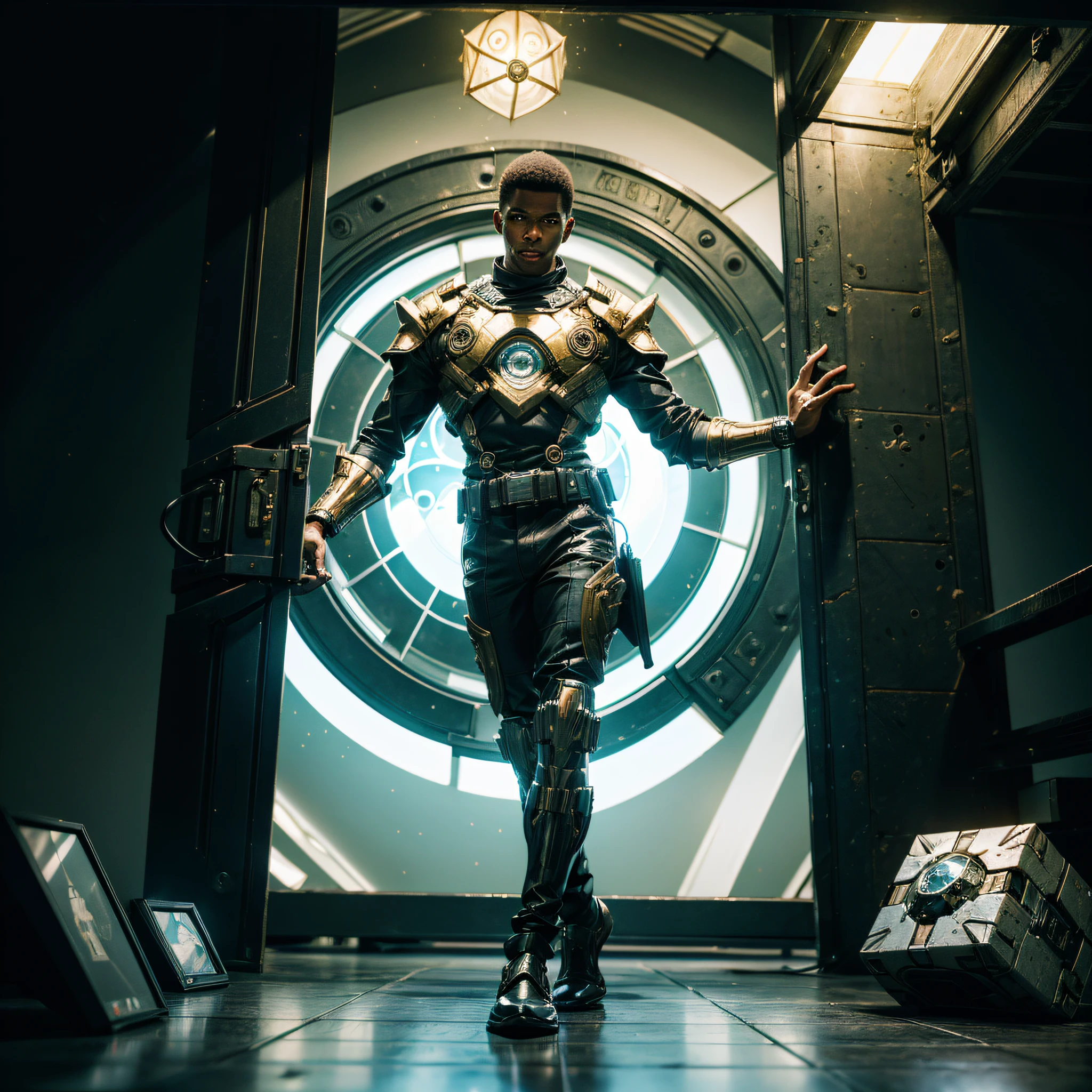 a man coming out of a Stargate like the one in Stargate SG1, Black man. dark skin, detailed skin, holding a mechanical cube with circles on the sides. the cube has some glowing lines. the cube is metallic, radiating energy. the man is commanding the cube, the man is a scientist, dynamic, Hyper realistic, Photography, Picture of the week, RAW, beautiful, (finely detailed skin), African skin, (masterpiece) (perfect proportion)(realistic photo)(best quality) (detailed) photographed on a Canon EOS R5, 50mm lens, F/2.8, HDR, (8k) (wallpaper) (cinematic lighting) (dramatic lighting) (sharp focus) (intricate) full body, nice shoes