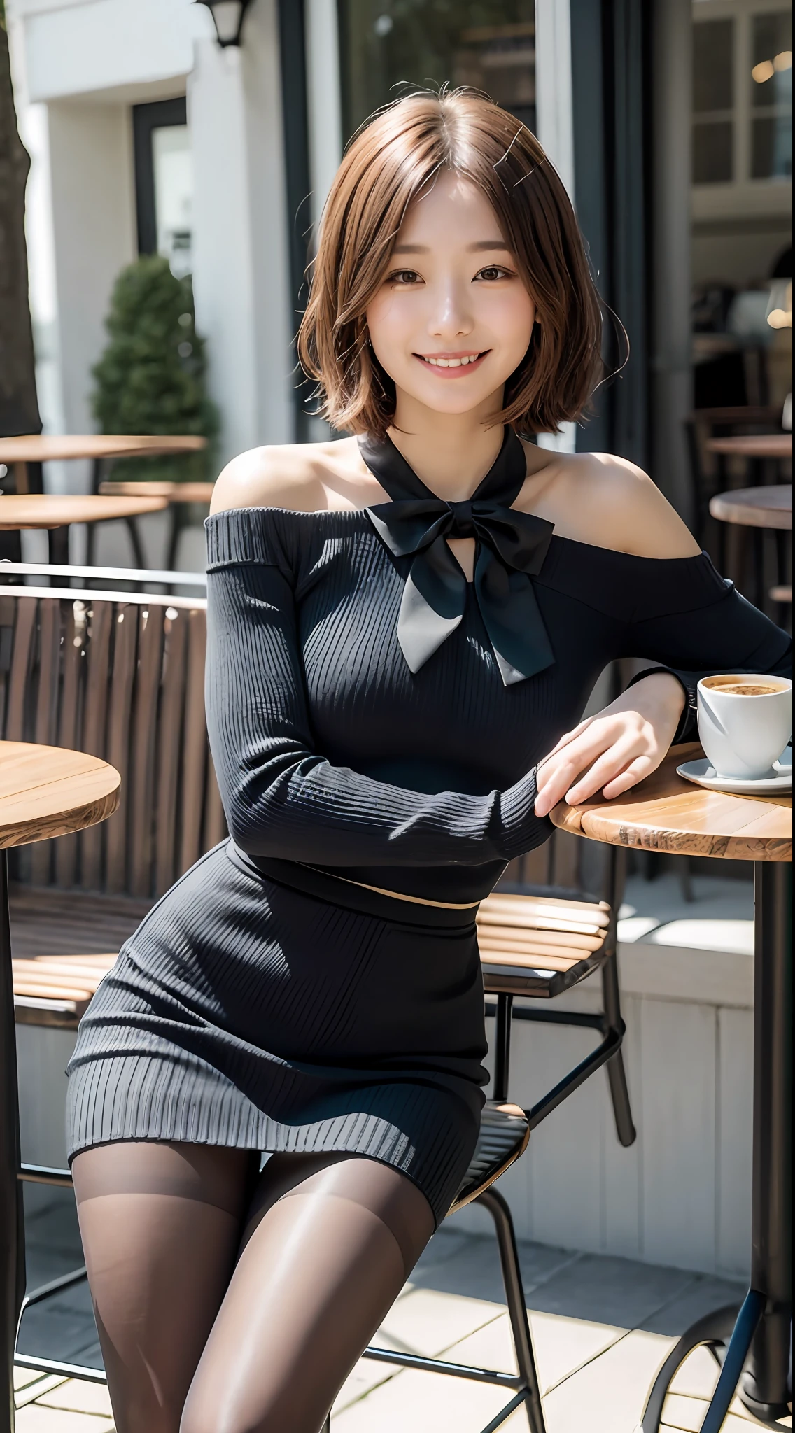 8K UHD、Digital SLR、film grains、Fujifilm XT4、(top-quality:1.3)、(masterpiece:1.1)、hight resolution、Cinematic light、intricate detailes、(Photorealsitic)、outside、Beautiful outside、Sunny、
japanaese girl、(cafes:1.5)、dimples、bob cuts、Look at viewers、detailed trees、bow ribbon、a bow tie、bare shoulders、Ribbed sweater、
pencil skirts、high waist skirt、head rest、sitting on、inside the house、
a necklace、black pantyhose、sheet transportation sweater、(a smile)、(full bodyesbian:1.6)、A slender、
