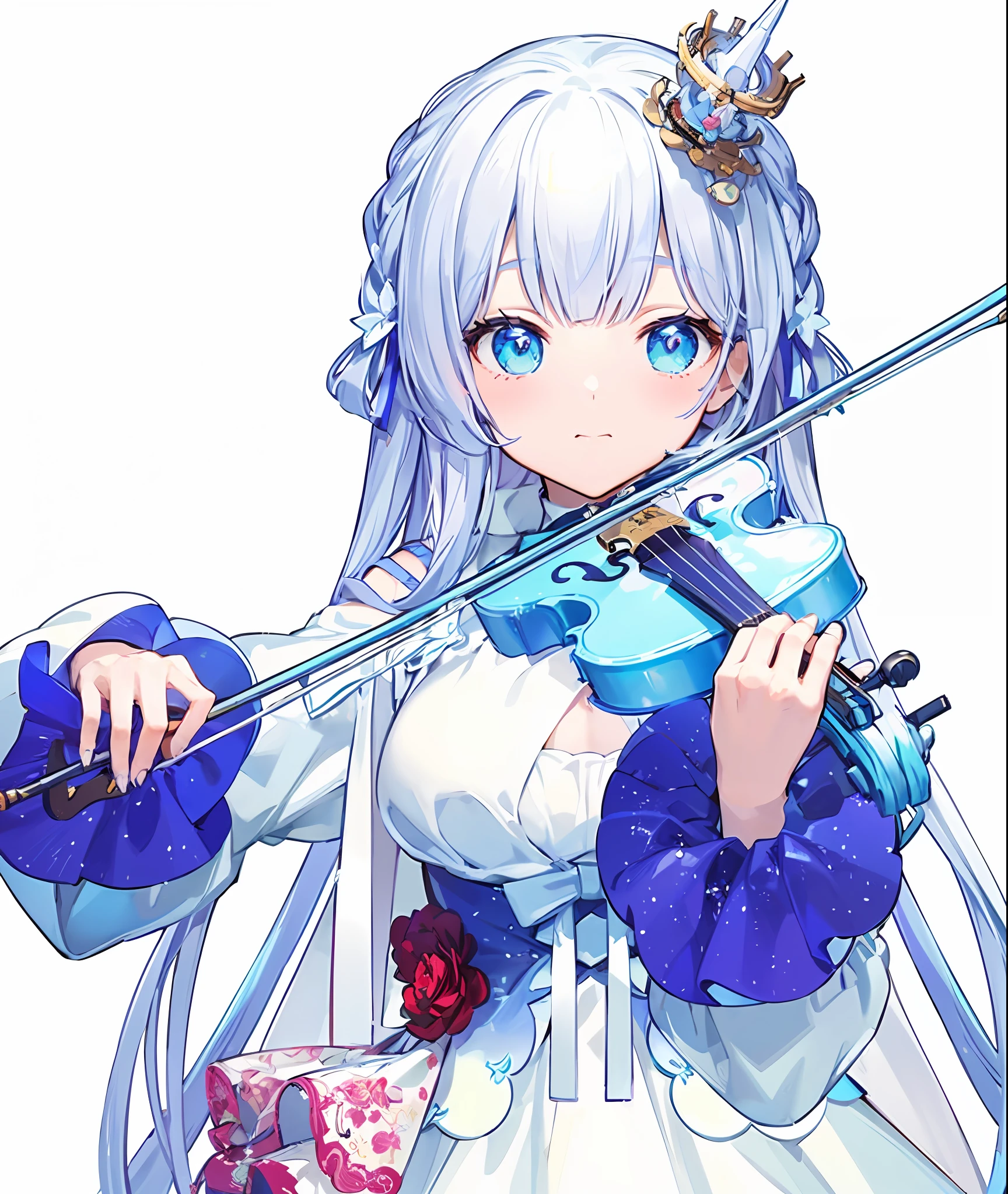 Close-up of a man holding a violin and bow, (fantasy violin), Ayaka Genshin impact, Detailed key anime art, Official artwork, tsuaii, A scene from the《azur lane》videogame, high detailed official artwork, Rem Rezero, fantasy violin, offcial art, nightcore, Splash art anime , white-haired god