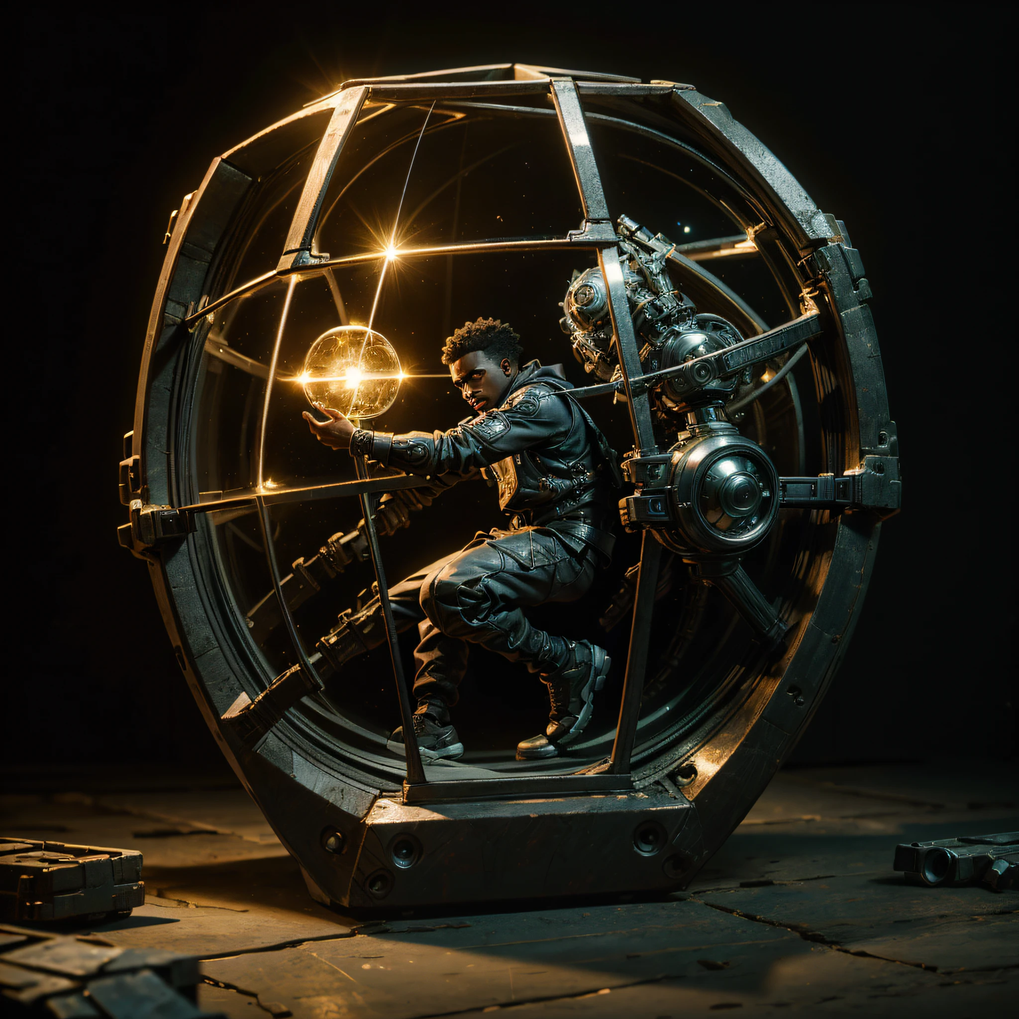 a man coming out of a Stargate like the one in Stargate SG1, Black man. dark skin, detailed skin, holding a mechanical cube with circles on the sides. the cube has some glowing lines. the cube is metallic, radiating energy. the man is commanding the cube, the man is a scientist, dynamic, Hyper realistic, Photography, Picture of the week, RAW, beautiful, (finely detailed skin), African skin, (masterpiece) (perfect proportion)(realistic photo)(best quality) (detailed) photographed on a Canon EOS R5, 50mm lens, F/2.8, HDR, (8k) (wallpaper) (cinematic lighting) (dramatic lighting) (sharp focus) (intricate) full body, nice shoes