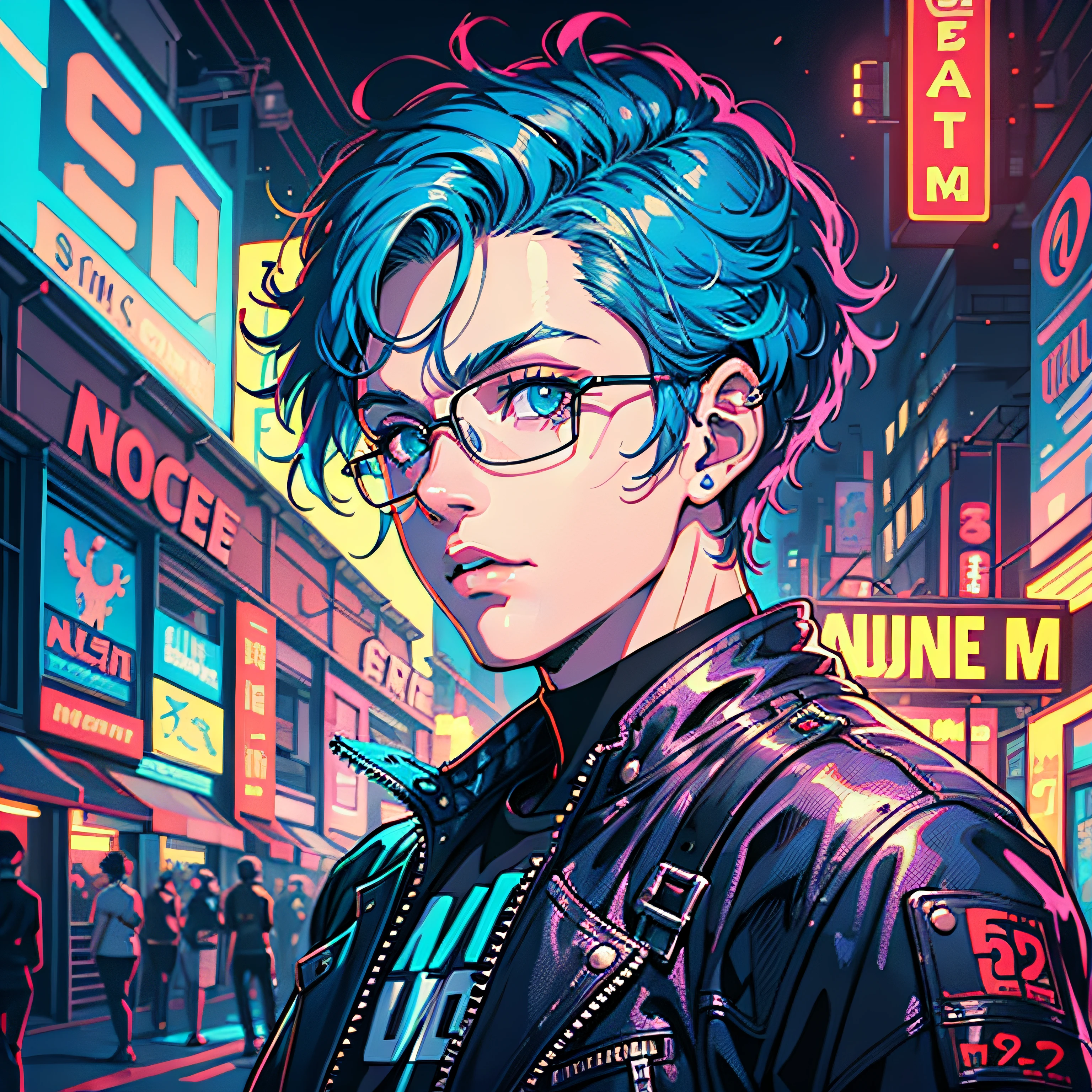 a digital painting of a boy in club with blue hair, cyberpunk art by Josan Gonzalez, behance contest winner, afrofuturism, synthwave, neon, glowing neon,vintage