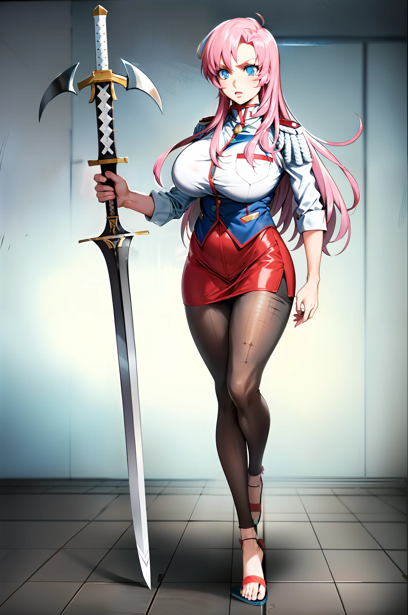 utena, , skirt, vest, noble, militari uniform, big breast, tall female, flip flops, full body, holding sword, pantyhose, , walking, pants,huge breast