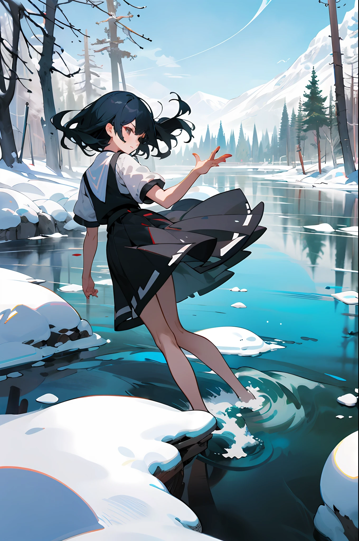 Anime female characters in snow-capped forests with lakes and forests, Official artwork, Splash art anime Loli, Official illustration, offcial art, trending on artstation pixiv, in an icy river, Official anime artwork, Guweiz in Pixiv ArtStation, Artgerm and Atey Ghailan, from touhou, Anime style illustration,schoolgirls