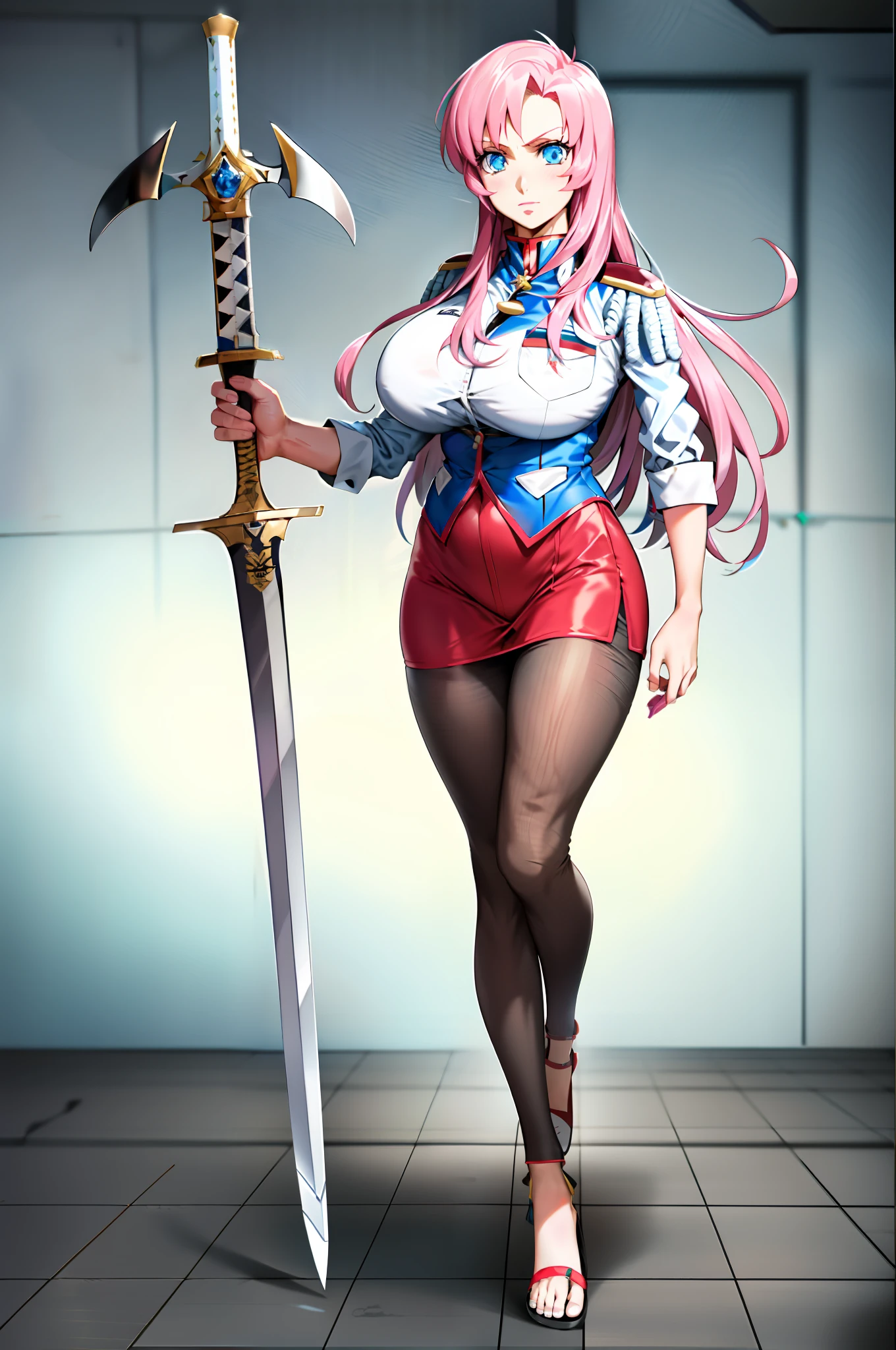 utena, , skirt, vest, noble, militari uniform, big breast, tall female, flip flops, full body, holding sword, pantyhose, , walking, pants,huge breast