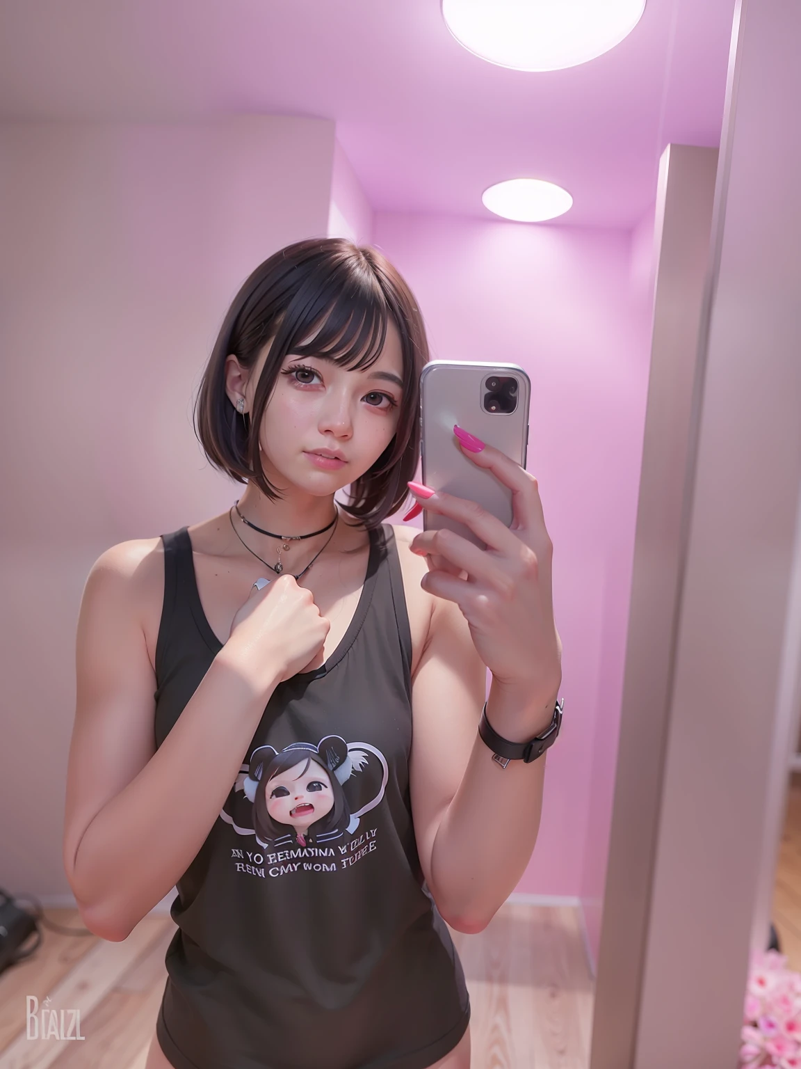 there is a woman that is taking a selfie in a mirror, with short hair, ulzzangs, She has black hair，By bangs, 8k selfie photograph, cruel korean goth girl, hair blackbangs hair, low quality photo, black hime cut hair, E-Girl, e - girl, 🤤 girl portrait, very very low quality picture, with straight black hair --auto