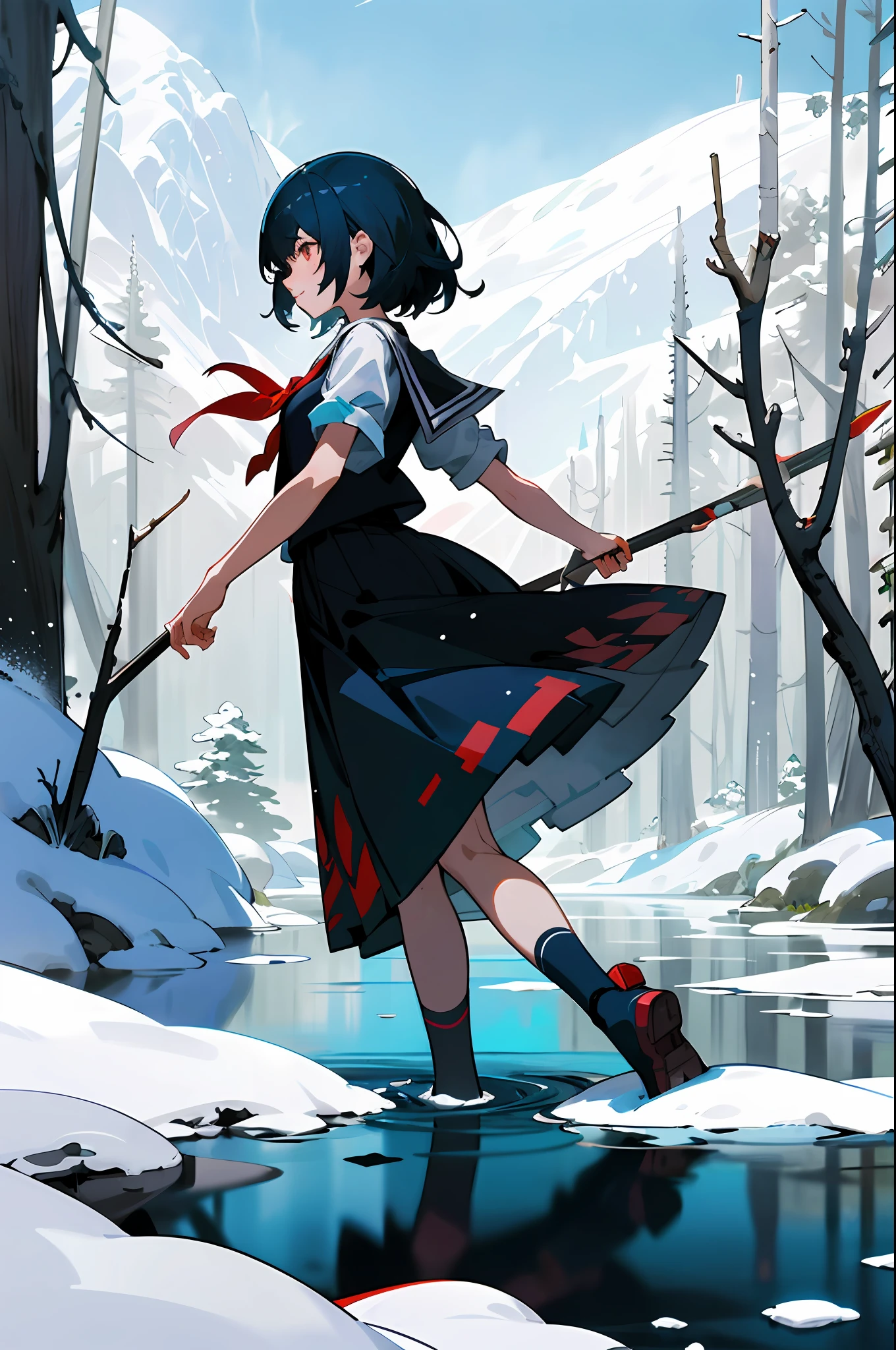 Anime female characters in snow-capped forests with lakes and forests, Official artwork, Splash art anime Loli, Official illustration, offcial art, trending on artstation pixiv, in an icy river, Official anime artwork, Guweiz in Pixiv ArtStation, Artgerm and Atey Ghailan, from touhou, Anime style illustration,schoolgirls