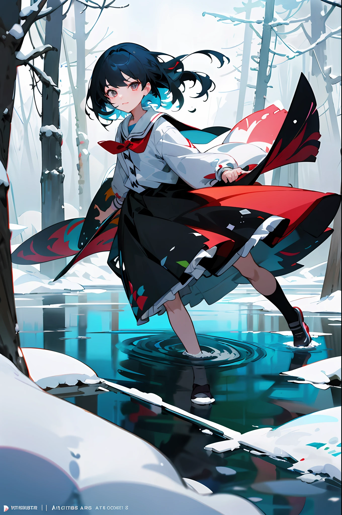 Anime female characters in snow-capped forests with lakes and forests, Official artwork, Splash art anime Loli, Official illustration, offcial art, trending on artstation pixiv, in an icy river, Official anime artwork, Guweiz in Pixiv ArtStation, Artgerm and Atey Ghailan, from touhou, Anime style illustration，schoolgirls