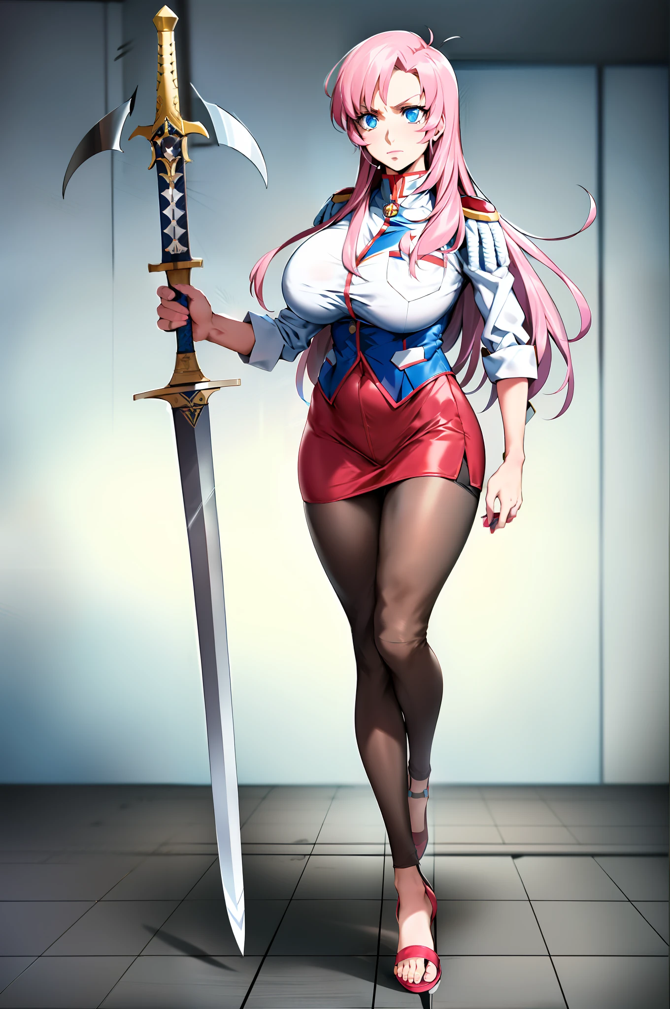 utena, , skirt, vest, noble, militari uniform, big breast, tall female, flip flops, full body, holding sword, pantyhose, , walking, pants,huge breast