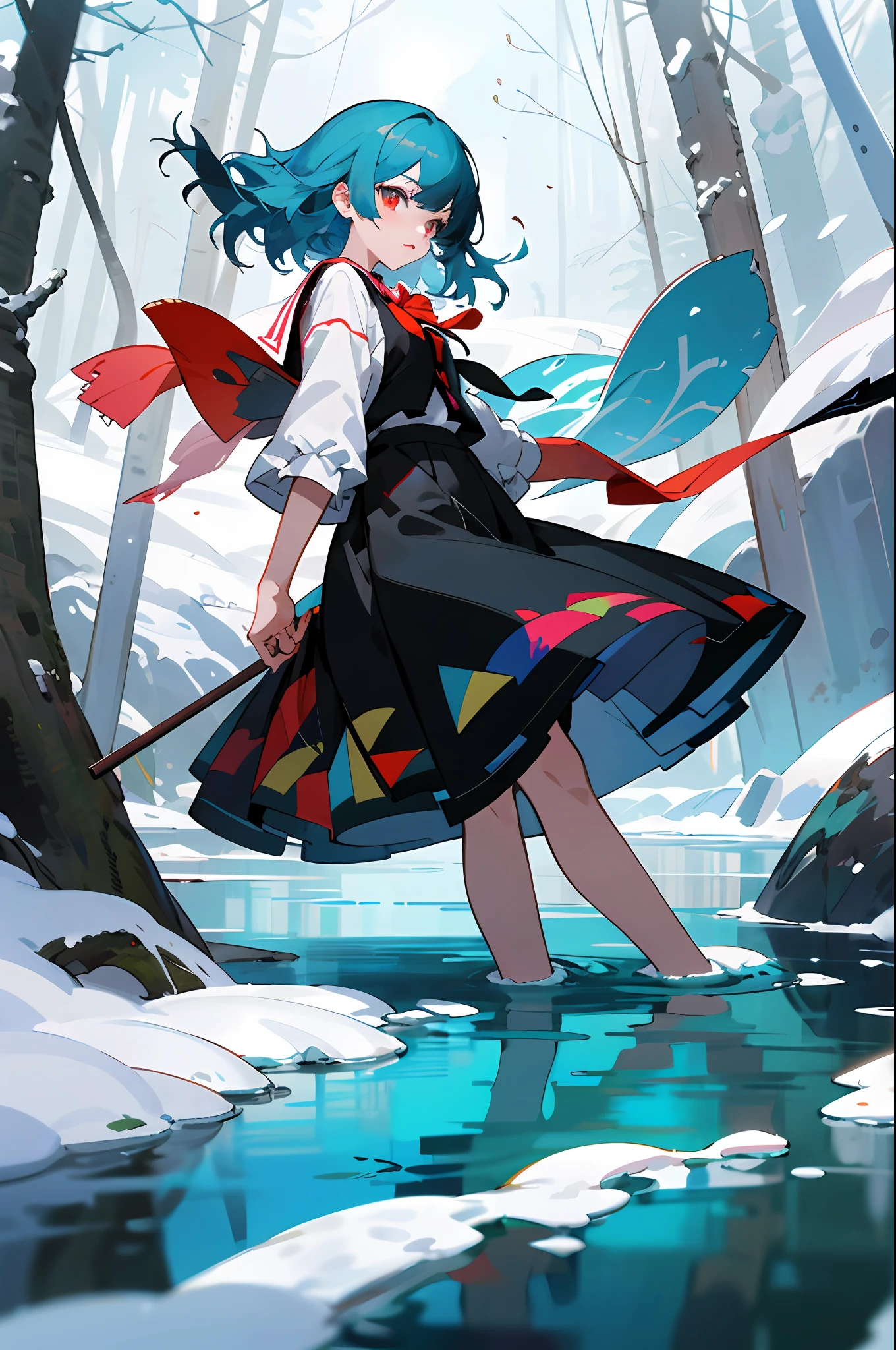 Anime female characters in snow-capped forests with lakes and forests, Official artwork, Splash art anime Loli, Official illustration, offcial art, trending on artstation pixiv, in an icy river, Official anime artwork, Guweiz in Pixiv ArtStation, Artgerm and Atey Ghailan, from touhou, Anime style illustration,schoolgirls