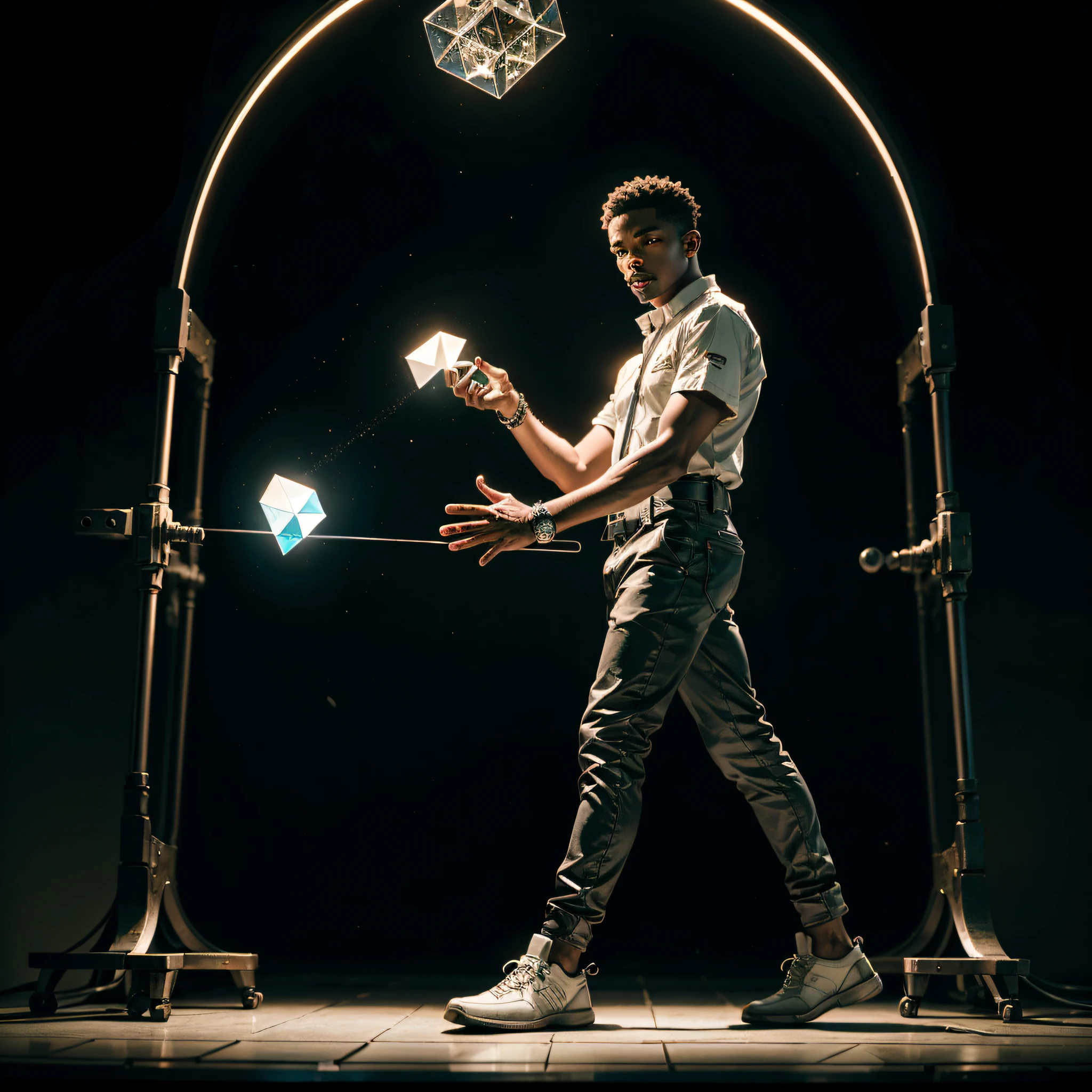 a man coming out of a Stargate like the one in Stargate SG1, Black man. dark skin, detailed skin, holding a mechanical cube with circles on the sides. the cube has some glowing lines. the cube is metallic, radiating energy. the man is commanding the cube, the man is a scientist, dynamic, Hyper realistic, Photography, Picture of the week, RAW, beautiful, (finely detailed skin), African skin, (masterpiece) (perfect proportion)(realistic photo)(best quality) (detailed) photographed on a Canon EOS R5, 50mm lens, F/2.8, HDR, (8k) (wallpaper) (cinematic lighting) (dramatic lighting) (sharp focus) (intricate) full body, nice shoes