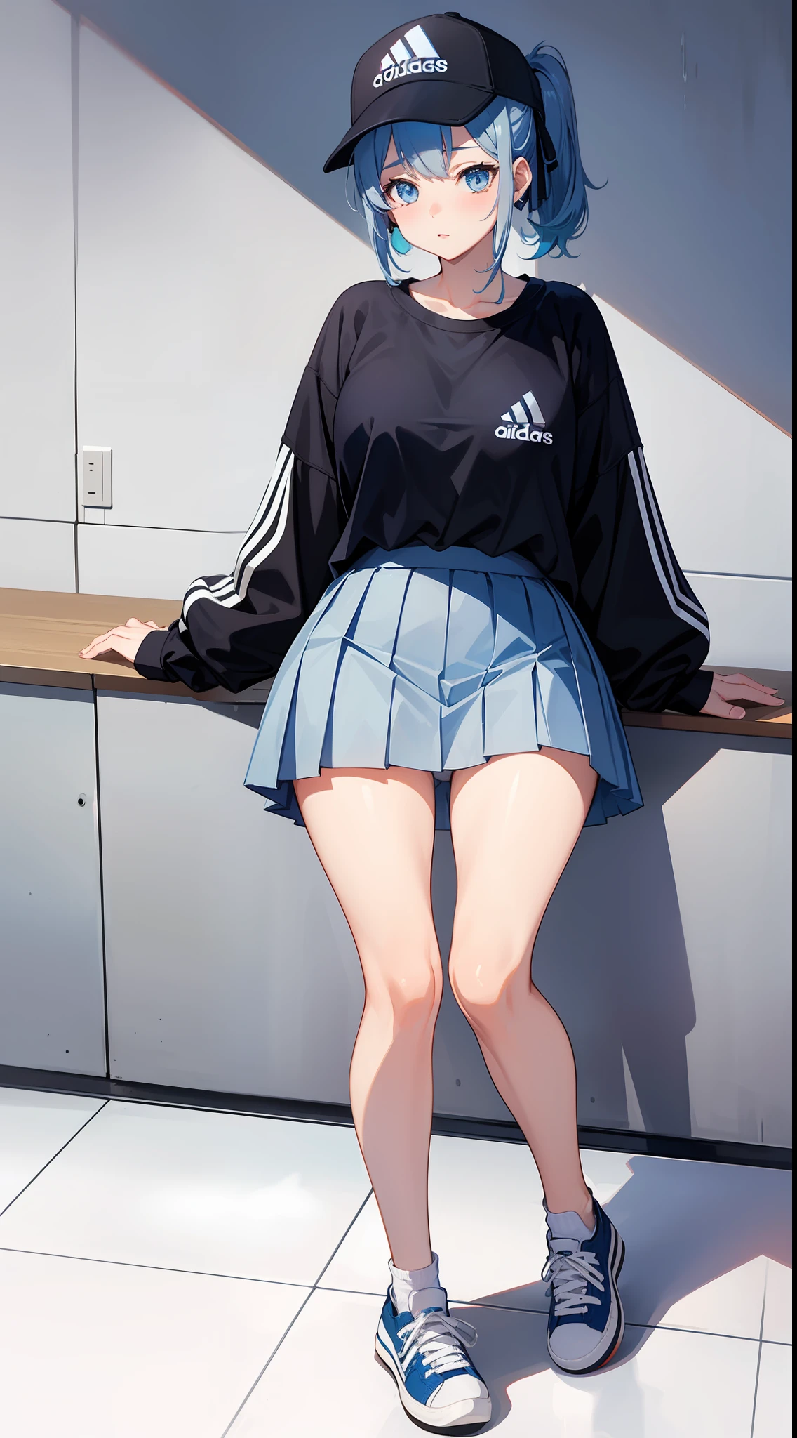 style of anime,Cute anime style girl,Short gray hair,eBlue eyes,Wearing Adidas shell toe cap flats,blue hair ribbon,sitted,your legs,huge tit,Short ponytail hair,Exposed panties,White high-top flats in hand,chiquita,Short pleated skirt,Full body photo