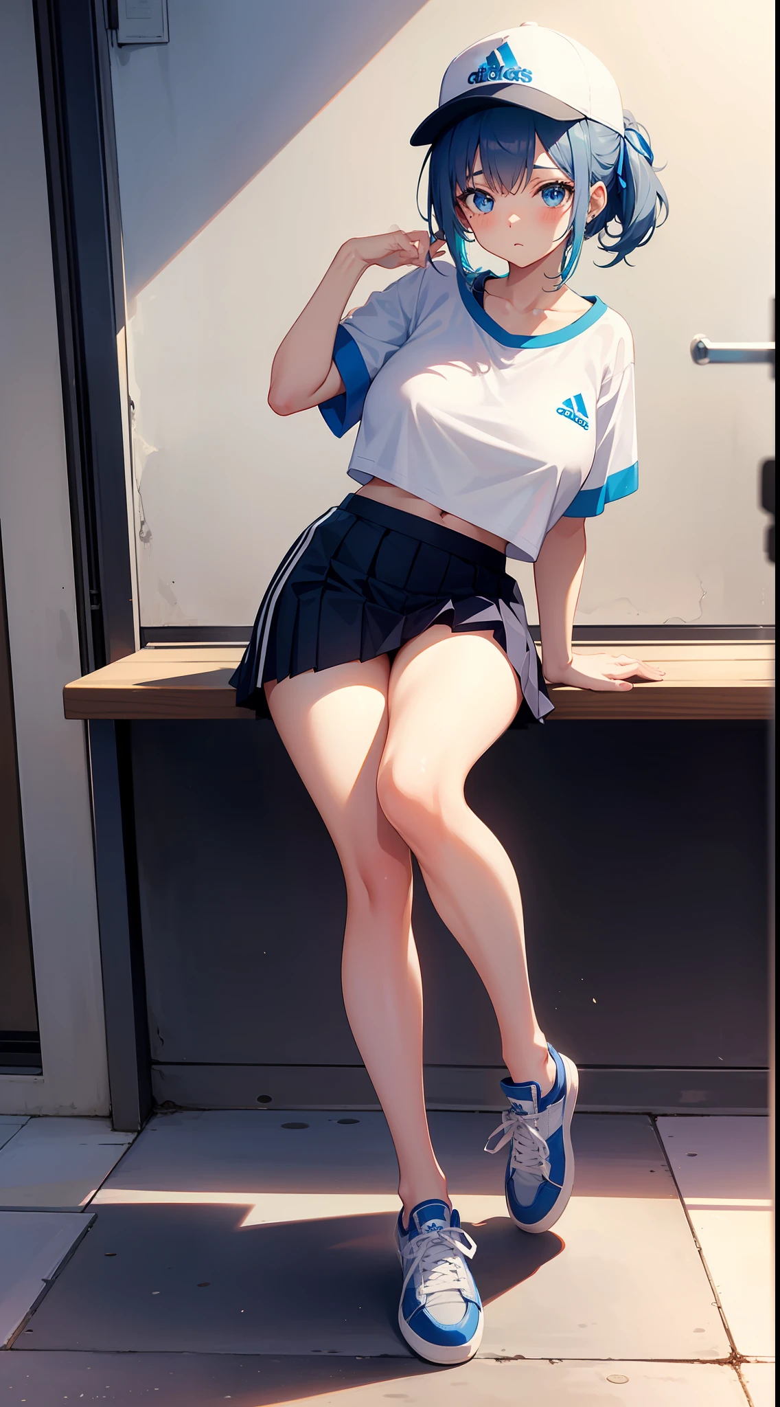 style of anime,Cute anime style girl,Short gray hair,eBlue eyes,Wearing Adidas shell toe cap flats,blue hair ribbon,sitted,your legs,huge tit,Short ponytail hair,Exposed panties,White high-top flats in hand,chiquita,Short pleated skirt,Full body photo