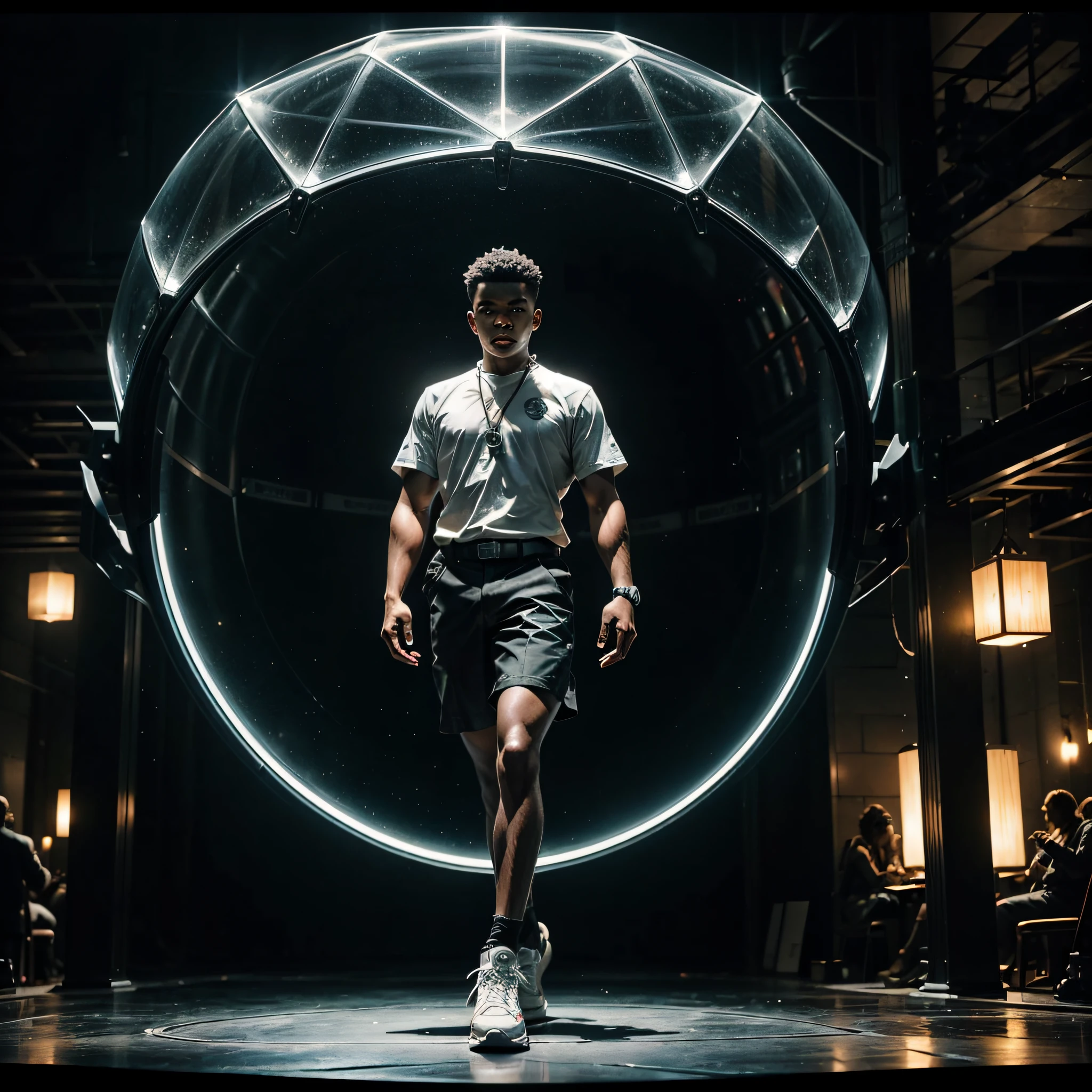 a man coming out of a Stargate like the one in Stargate SG1, Black man. dark skin, detailed skin, holding a mechanical cube with circles on the sides. the cube has some glowing lines. the cube is metallic, radiating energy. the man is commanding the cube, the man is a scientist, dynamic, Hyper realistic, Photography, Picture of the week, RAW, beautiful, (finely detailed skin), African skin, (masterpiece) (perfect proportion)(realistic photo)(best quality) (detailed) photographed on a Canon EOS R5, 50mm lens, F/2.8, HDR, (8k) (wallpaper) (cinematic lighting) (dramatic lighting) (sharp focus) (intricate) full body, nice shoes