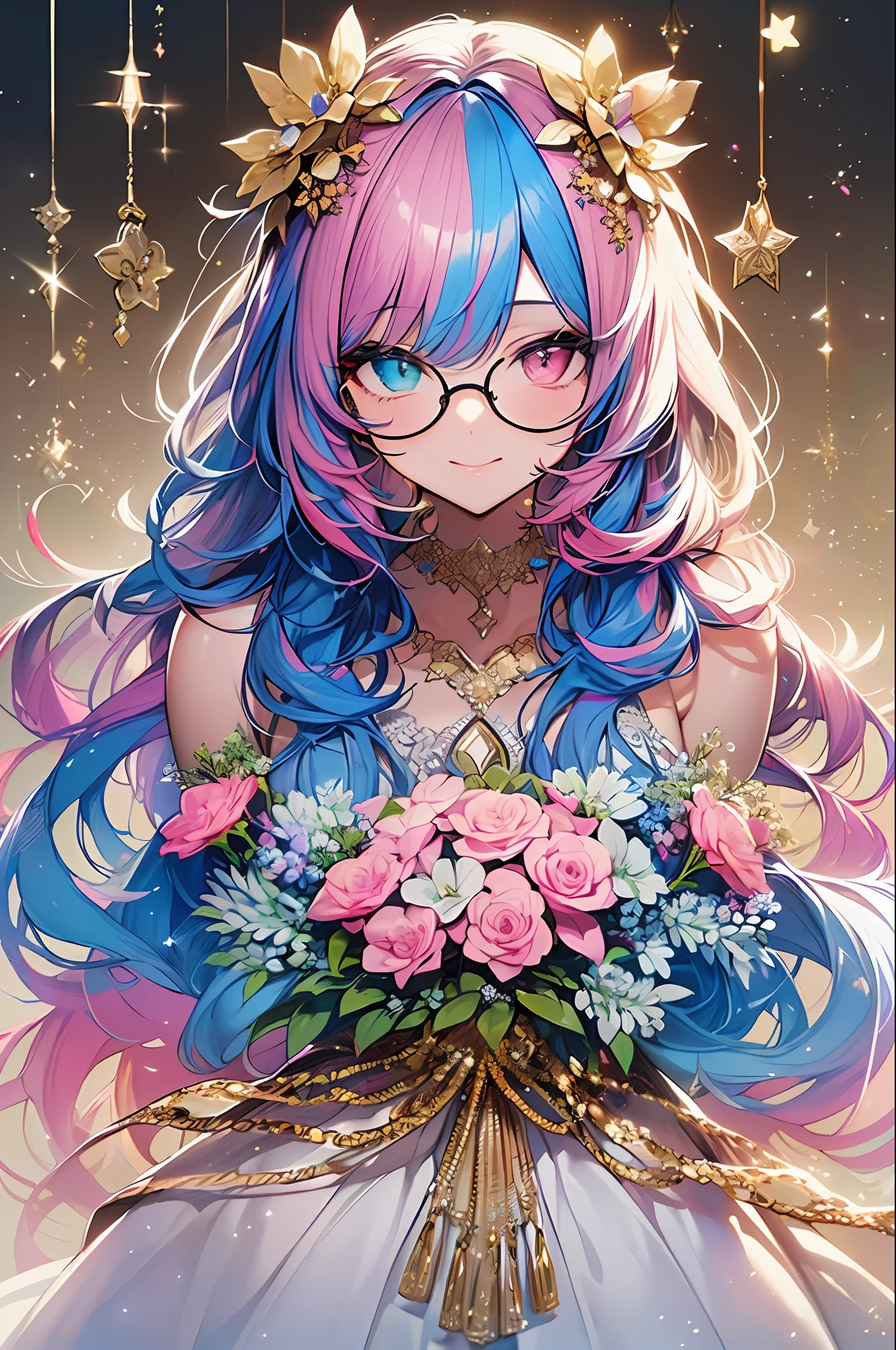 (masutepiece、​masterpiece、top-quality、watercolor paiting、Beautifully Aesthetic:1.2)、(1girl in:1.3)、(Fractal Art:1.3)、full body Esbian、((Glitter pupils))、((rainbow-colored hair、colourful hair、Half blue and half pink hair:1.2))、colourfull、eye glasses、Writing、((heterochromia iridis))、(colourfull:1.5)、(1 bouquet)、((weddingdress))、chies、((Kiss Face))、(write)、(the golden ratio:1.2)、(full body Esbian:1.2),(ultra-detailliert:1.3)、(Hyper-detailing), (delicate detail), (intricate detailes), (ciinematic light, best quality backlight), highcontrast, (The best lighting, extremely delicate and beautiful), ((ciinematic light))、ray trace reflection、brilliance、(glowing aura)、(Radiant hair)、