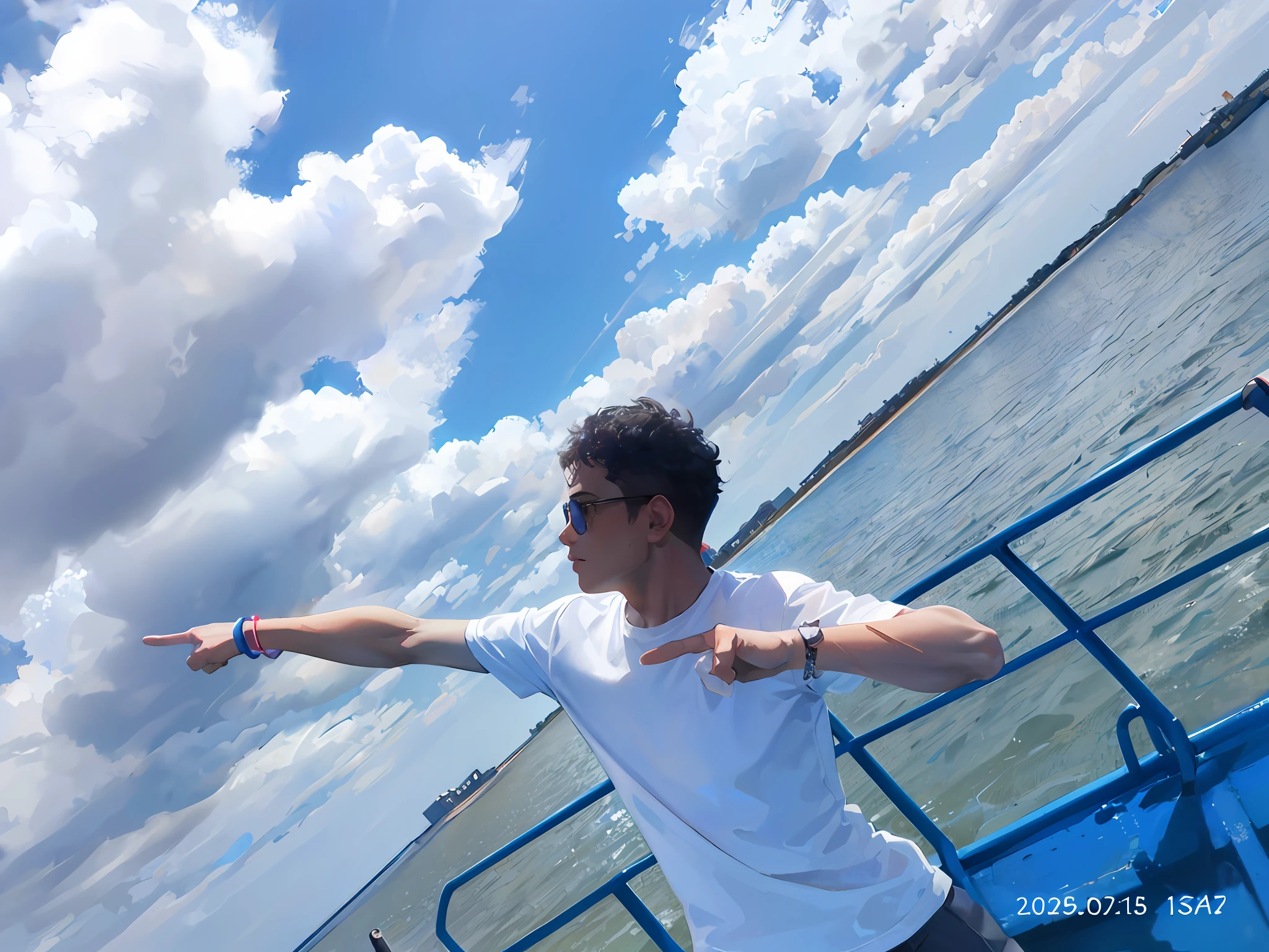 there is a man standing on a boat pointing at something, On a boat, on a boat on a lake, On the sea, on the bow, on the ocean water, his arms spread. ready to fly, the ocean in the background, pointing to heaven, t pose, shot on nikon z9, the ocean in the background, photo taken with canon 5d
