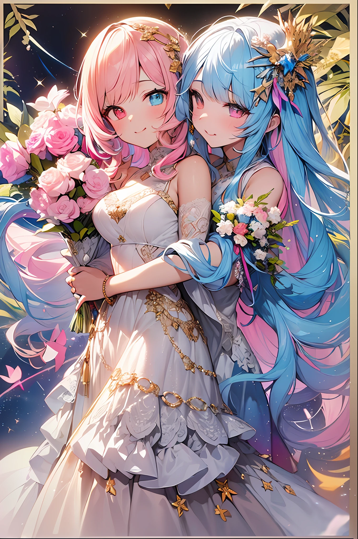 (masutepiece、masterpiece、top-quality、watercolor paiting、Beautifully Aesthetic:1.2)、(1girl in:1.3)、(Fractal Art:1.3)、full body Esbian、((Glitter pupils))、((rainbow-colored hair、colourful hair、Half blue and half pink hair:1.2))、colourfull、eye glasses、Writing、((heterochromia iridis))、(colourfull:1.5)、(1 bouquet)、((weddingdress))、chies、((Kiss Face))、(write)、(the golden ratio:1.2)、(full body Esbian:1.2),(ultra-detailliert:1.3)、(Hyper-detailing), (delicate detail), (intricate detailes), (ciinematic light, best quality backlight), highcontrast, (The best lighting, extremely delicate and beautiful), ((ciinematic light))、ray trace reflection、brilliance、(glowing aura)、(Radiant hair)、