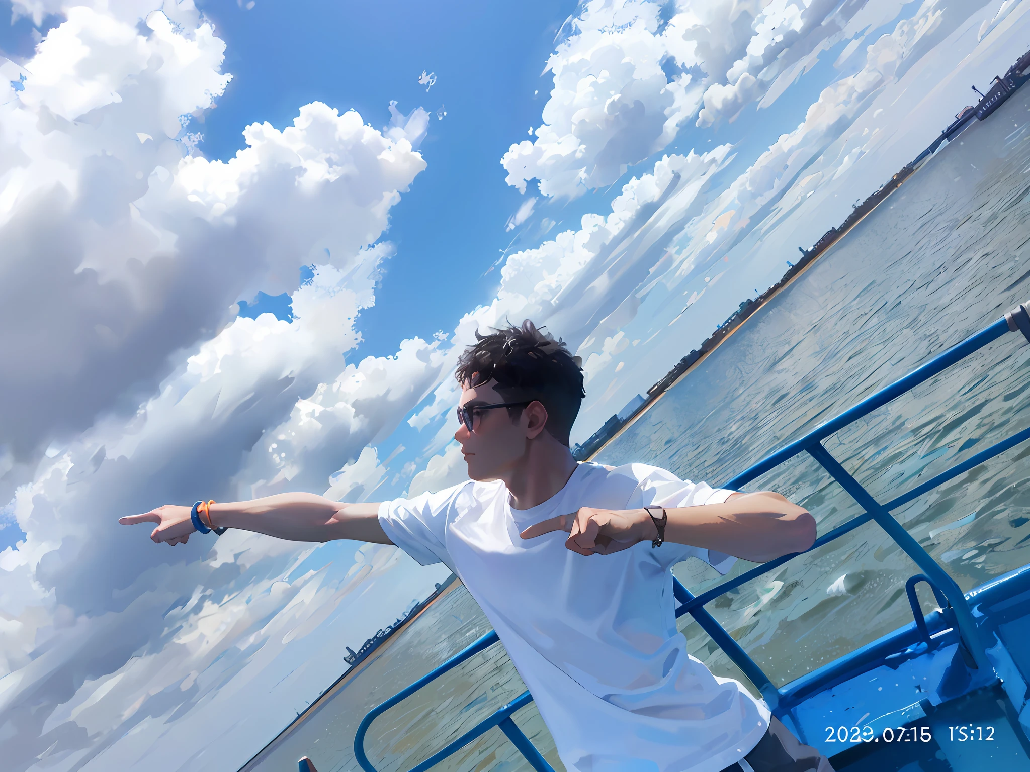 there is a man standing on a boat pointing at something, On a boat, on a boat on a lake, On the sea, on the bow, on the ocean water, his arms spread. ready to fly, the ocean in the background, pointing to heaven, t pose, shot on nikon z9, the ocean in the background, photo taken with canon 5d