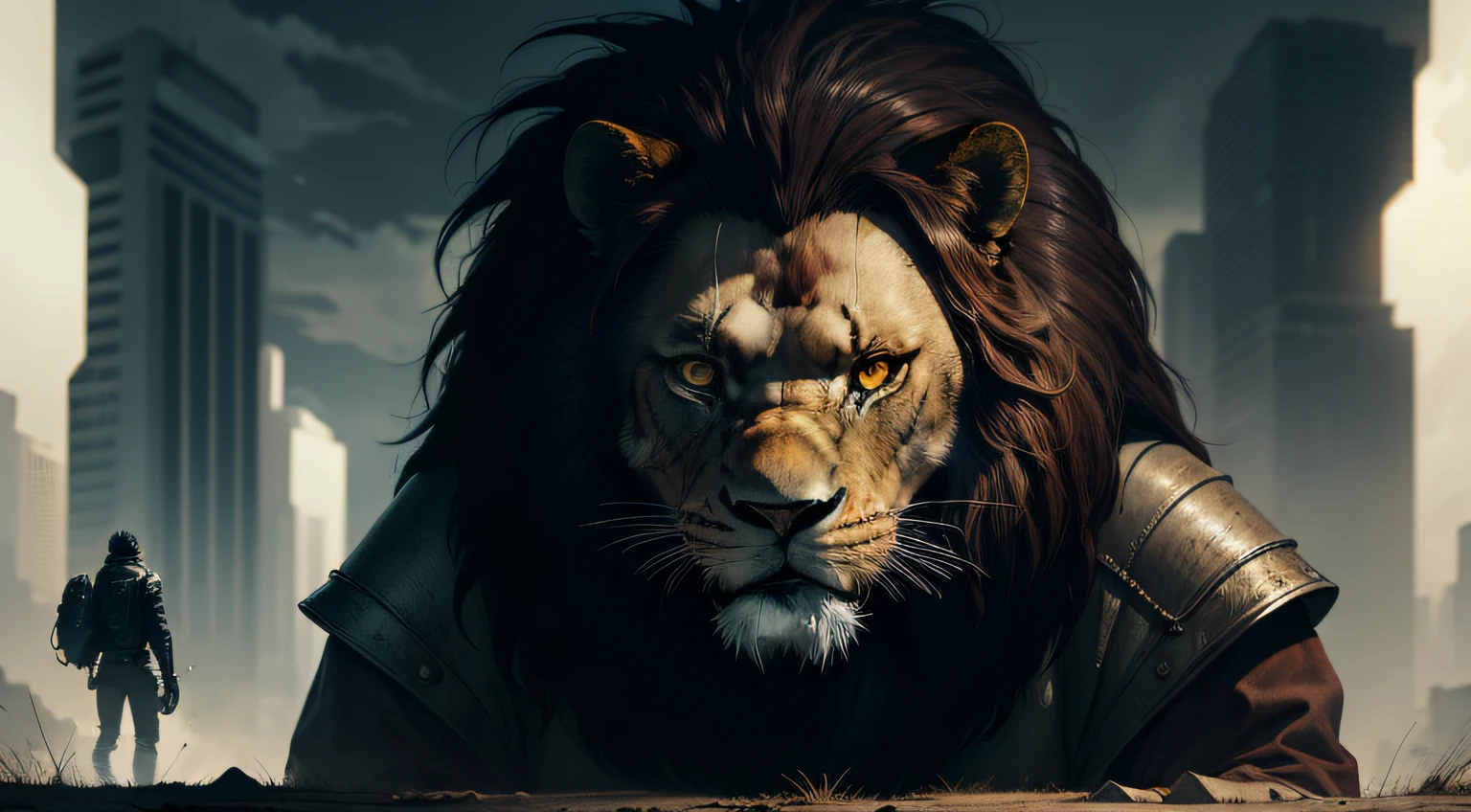 A sad man in a post-apocalyptic setting along with a lion, enfrentando umas sombras malignas.