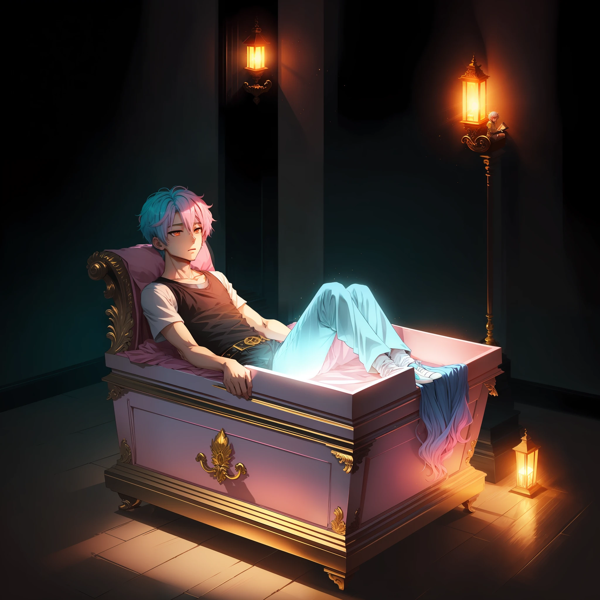 Manhwa Style,Gradient pink blue hair,Golden eyes,short detailed hair, 1 boy,Sit on a coffin,Chanting sutras,with light glowing,Contre-Jour --auto