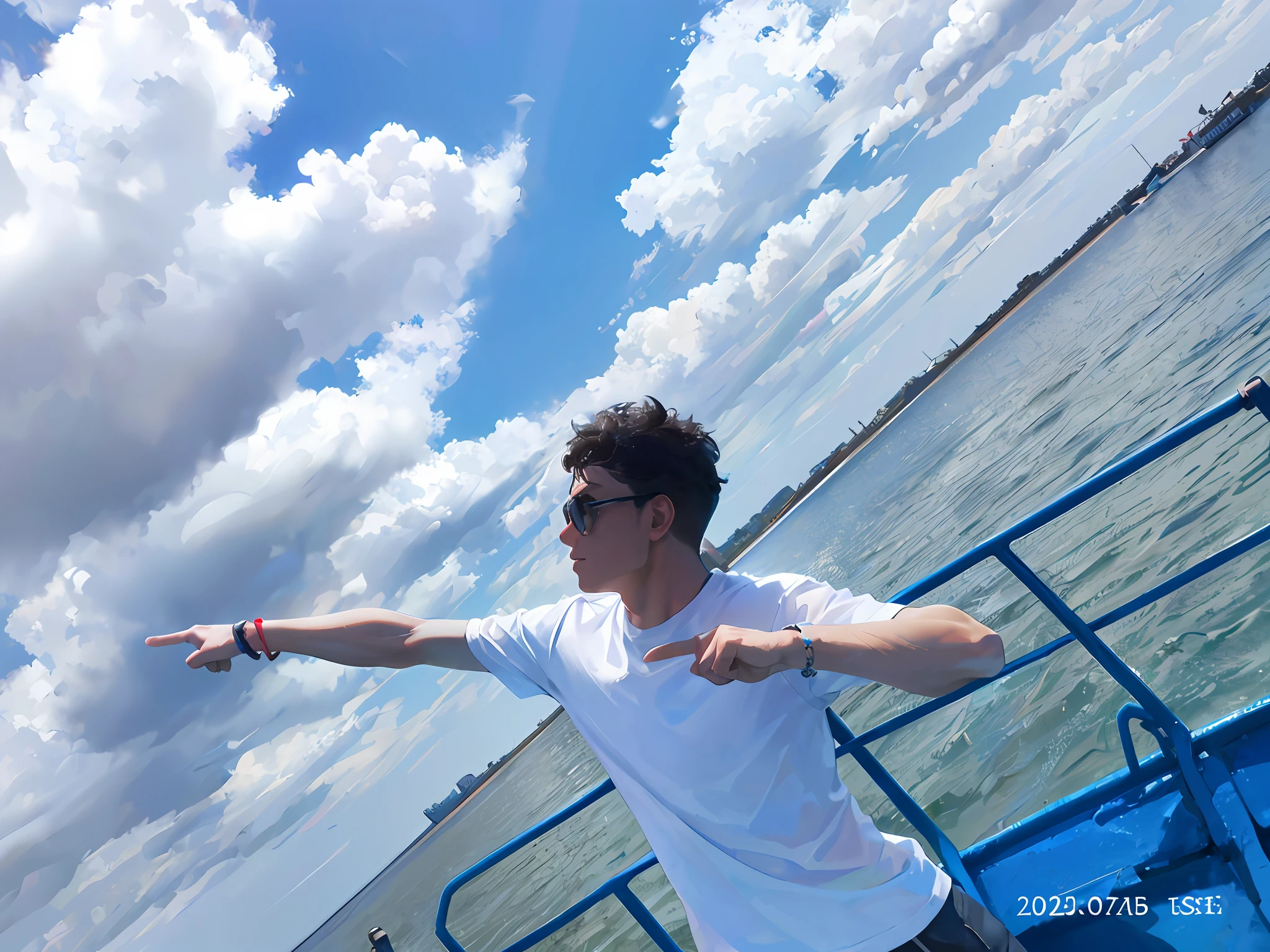 there is a man standing on a boat pointing at something, On a boat, on a boat on a lake, On the sea, on the bow, on the ocean water, his arms spread. ready to fly, the ocean in the background, pointing to heaven, t pose, shot on nikon z9, the ocean in the background, photo taken with canon 5d