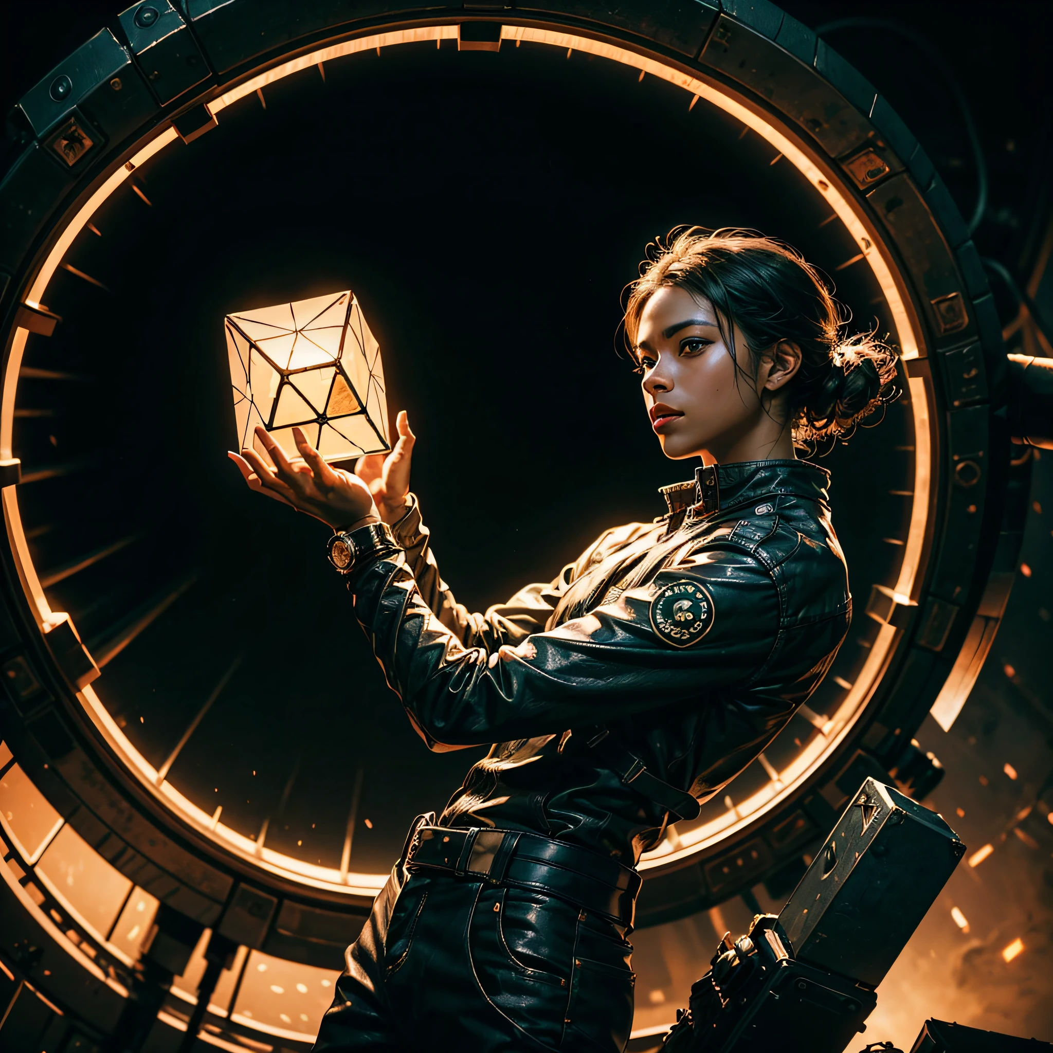 a man coming out of a stargate like the one in Stargate SG1, Black man. holding a mechanical cube with circles on the sides. the cube has some glowing lines. the cube is radiating energy. the man is commanding the cube, the man is a scientist. Hyper realistic, Photography, Picture of the week, RAW, beautiful, (finely detailed skin), African skin, (masterpiece) (perfect proportion)(realistic photo)(best quality) (detailed) photographed on a Canon EOS R5, 50mm lens, F/2.8, HDR, (8k) (wallpaper) (cinematic lighting) (dramatic lighting) (sharp focus) (intricate)