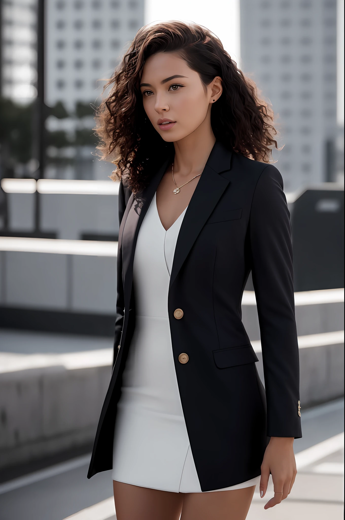 (Realistic), (masterpiece), 1girl, Beautiful 30 year old woman, (Karen Gillan:Brie Larson:0.5), medium length curly red-black hair, high detail white bodycon plunging business suit, strong athletic body, small breasts:1.2, broad shoulders, outside background, 8k, (insanely detailed:1.5), full body photograph, 20 megapixel, canon eos r3, detailed skin, rim lighting, backlit, studio lighting
